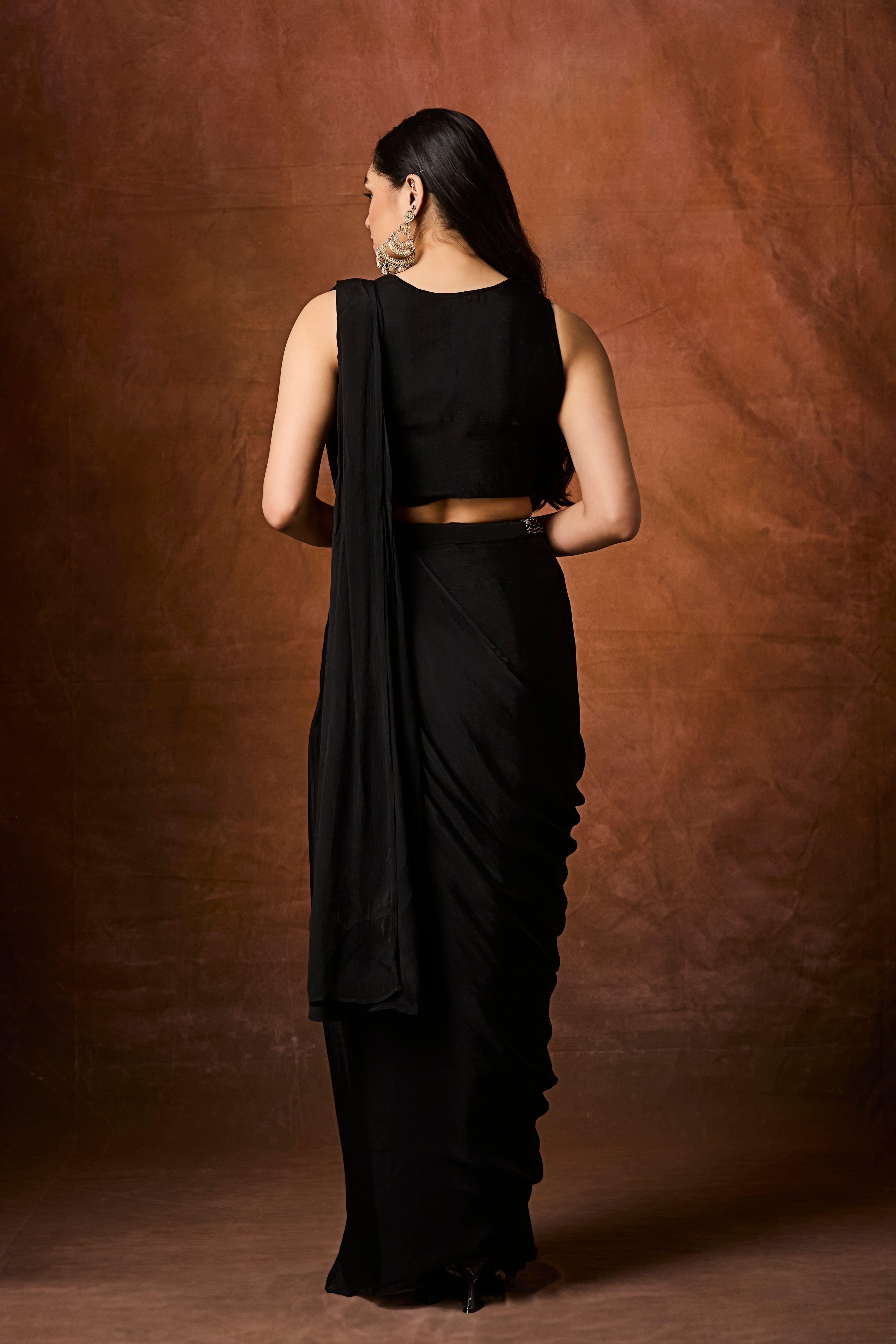 Jet Black Embellished Crepe Silk Draped Saree