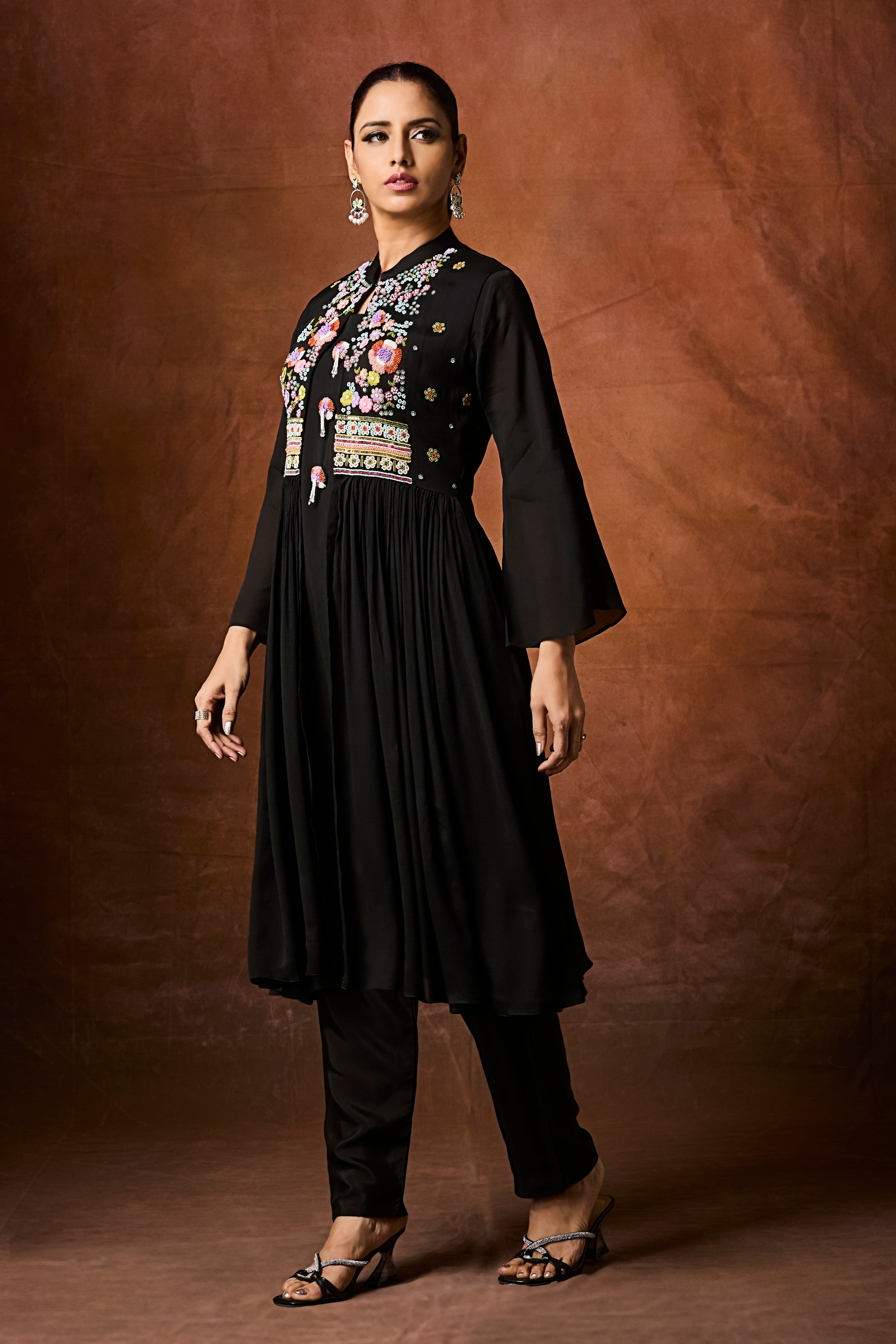 Jet Black Embellished Chinon Silk Anarkali Set
