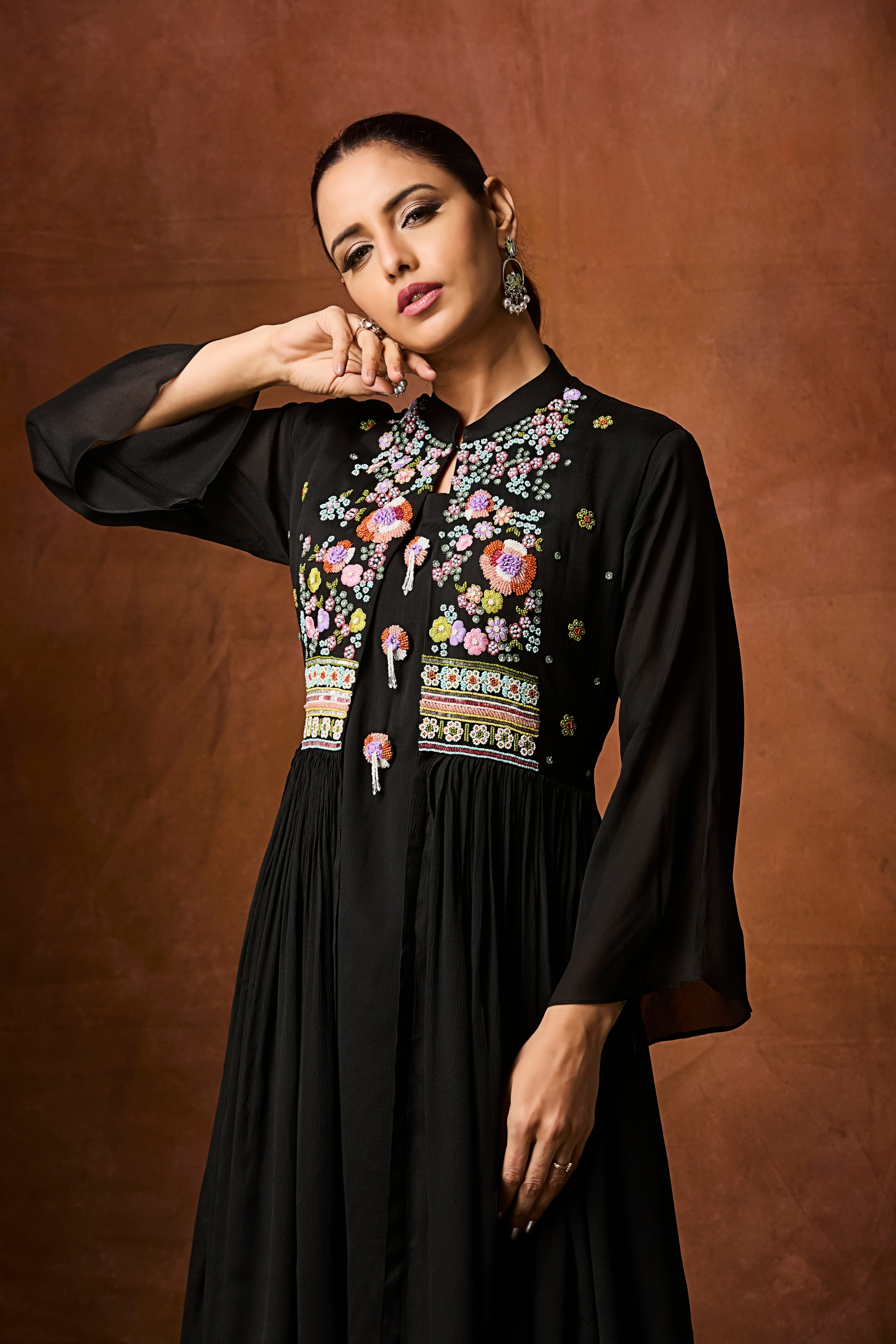 Jet Black Embellished Chinon Silk Anarkali Set