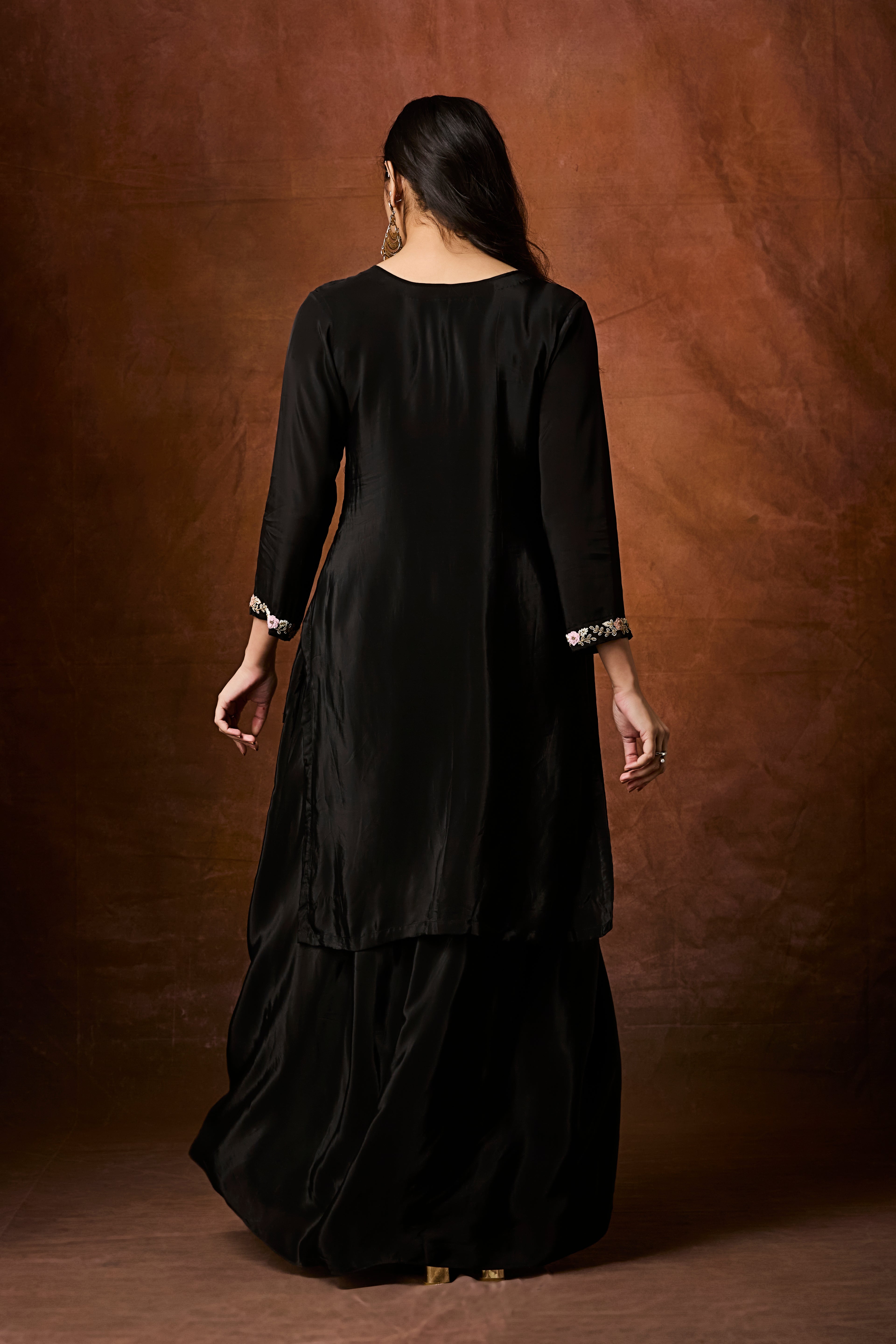 Rich Black Embellished Crepe Silk Skirt Set