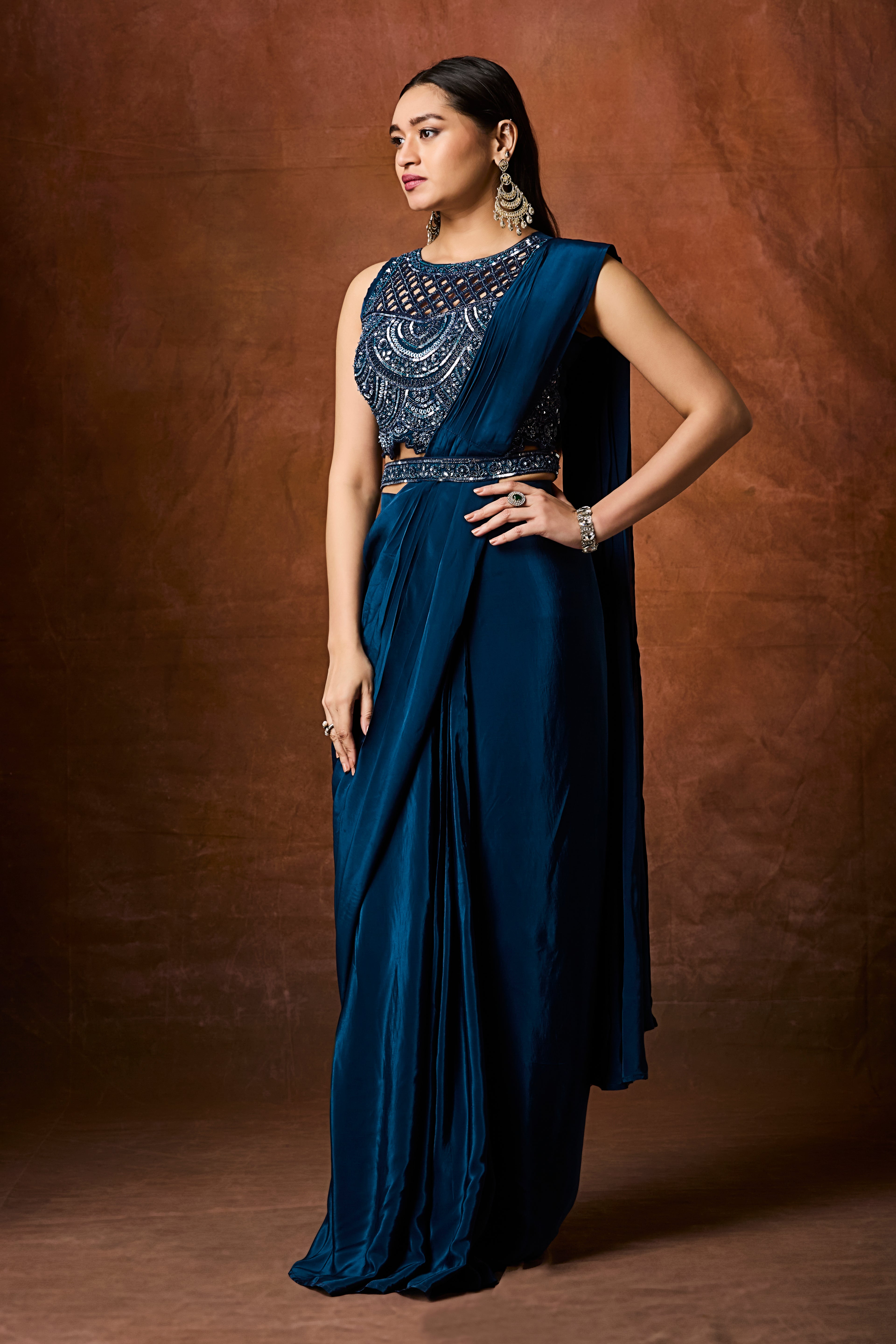 Jade Blue Embellished Crepe Silk Drape Saree