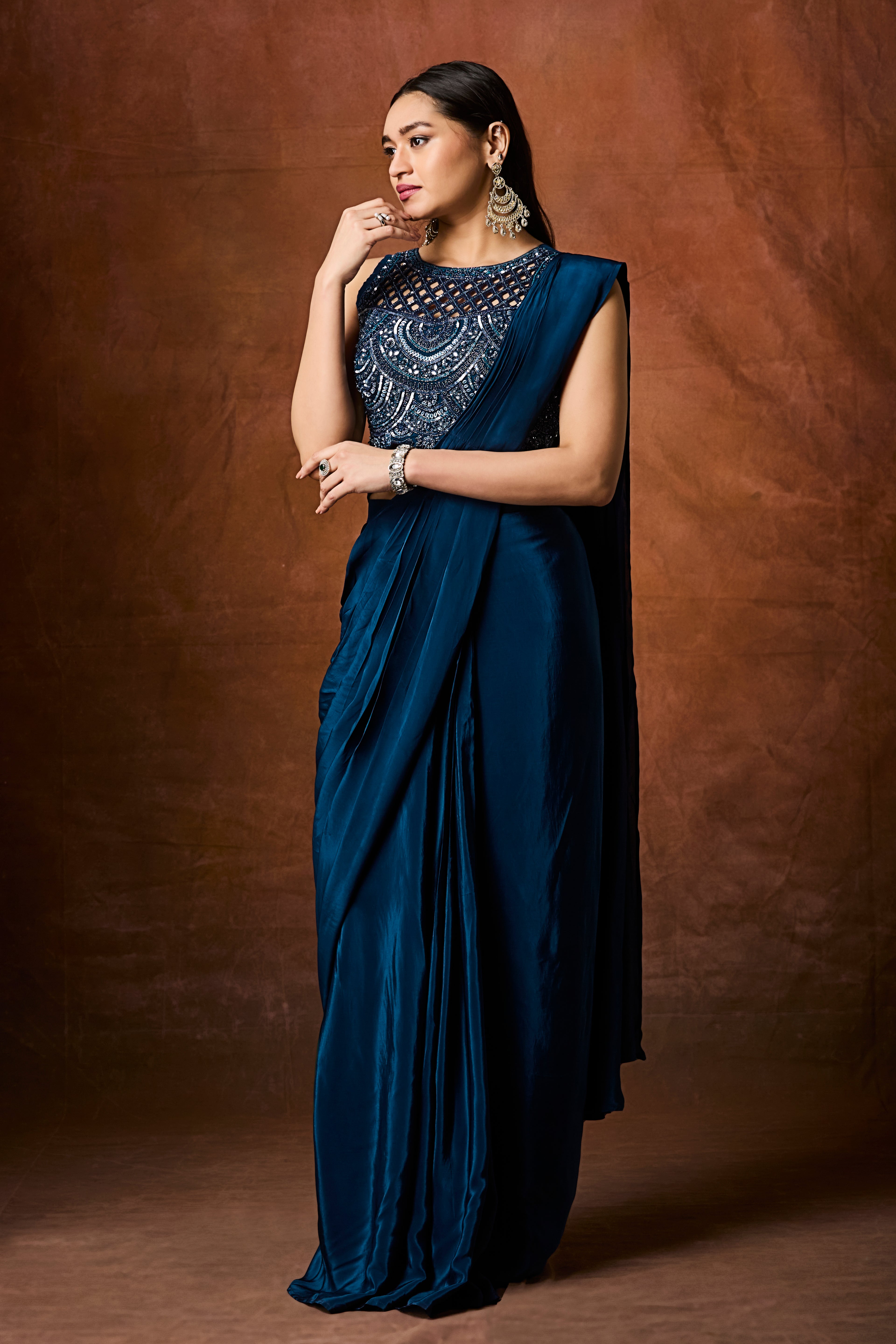 Jade Blue Embellished Crepe Silk Drape Saree