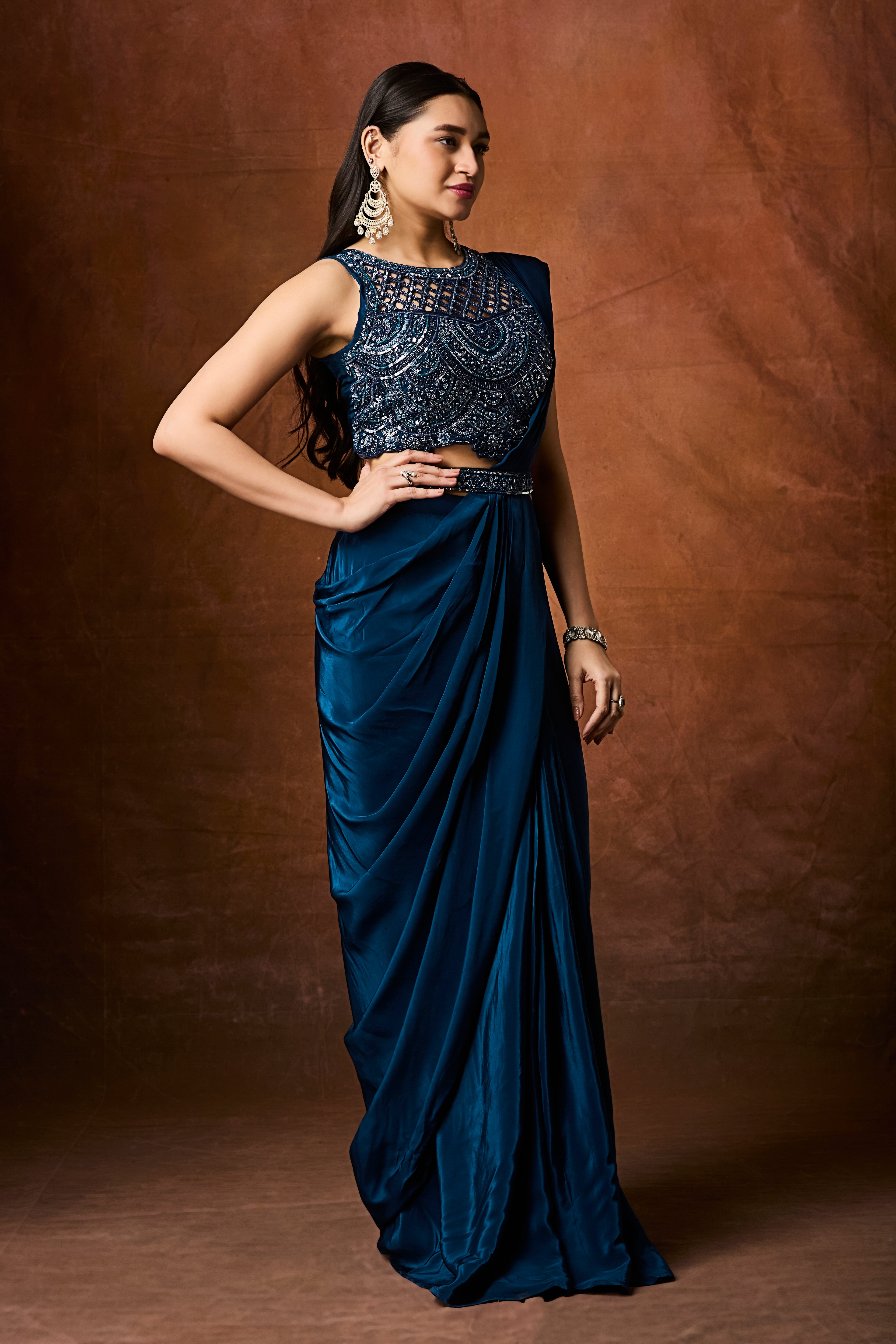 Jade Blue Embellished Crepe Silk Drape Saree