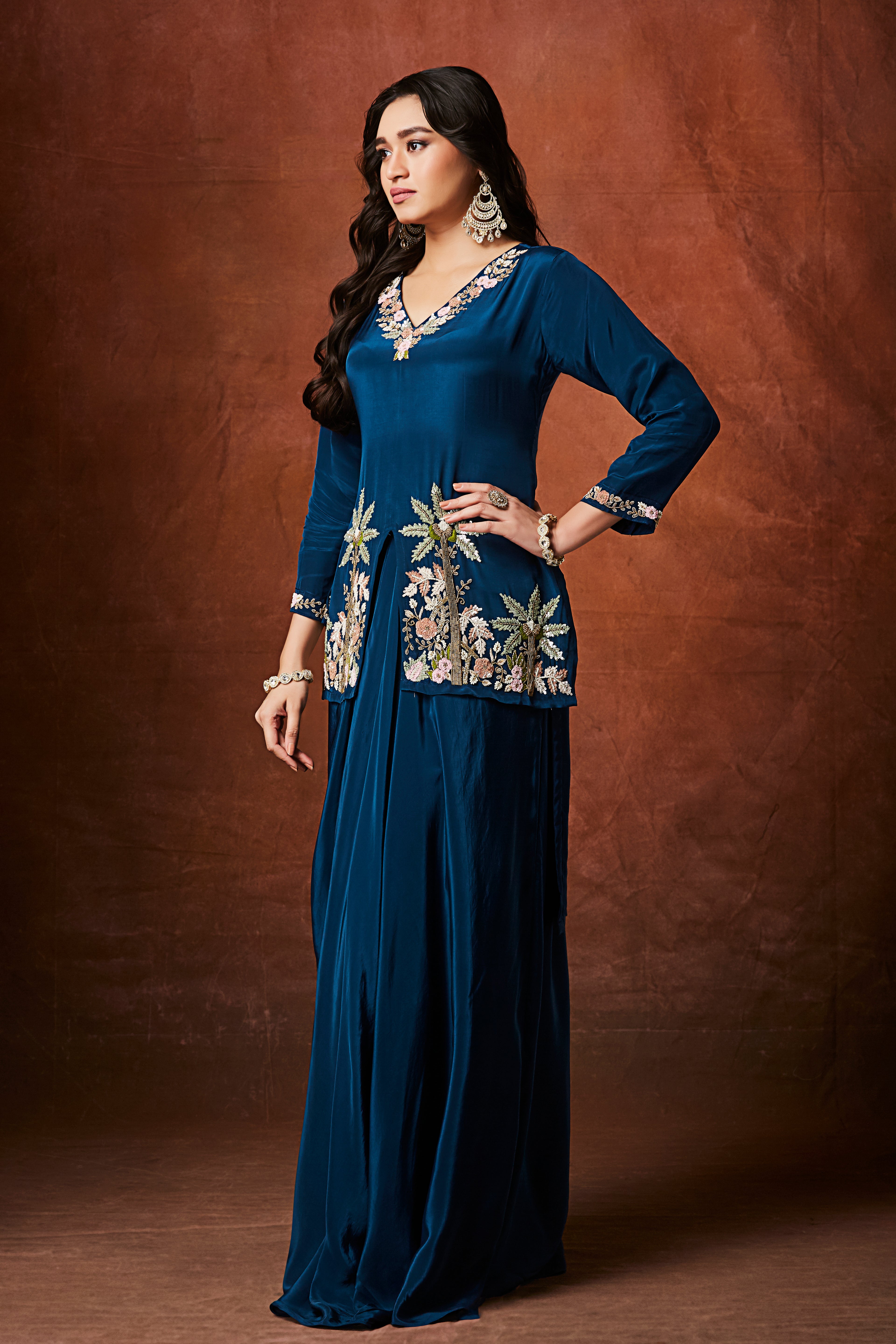 Rich Blue Embellished Crepe Silk Skirt Set