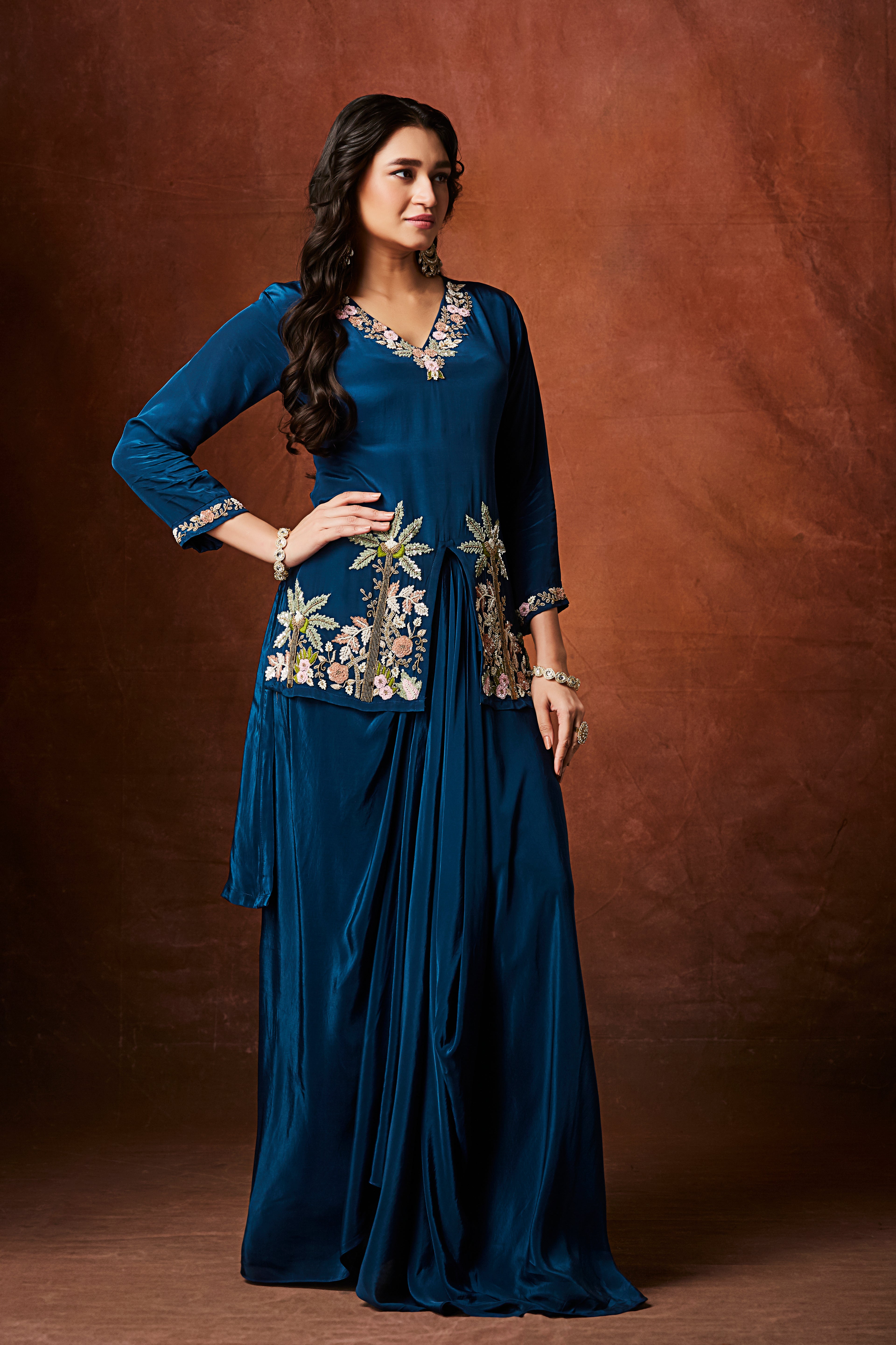 Rich Blue Embellished Crepe Silk Skirt Set