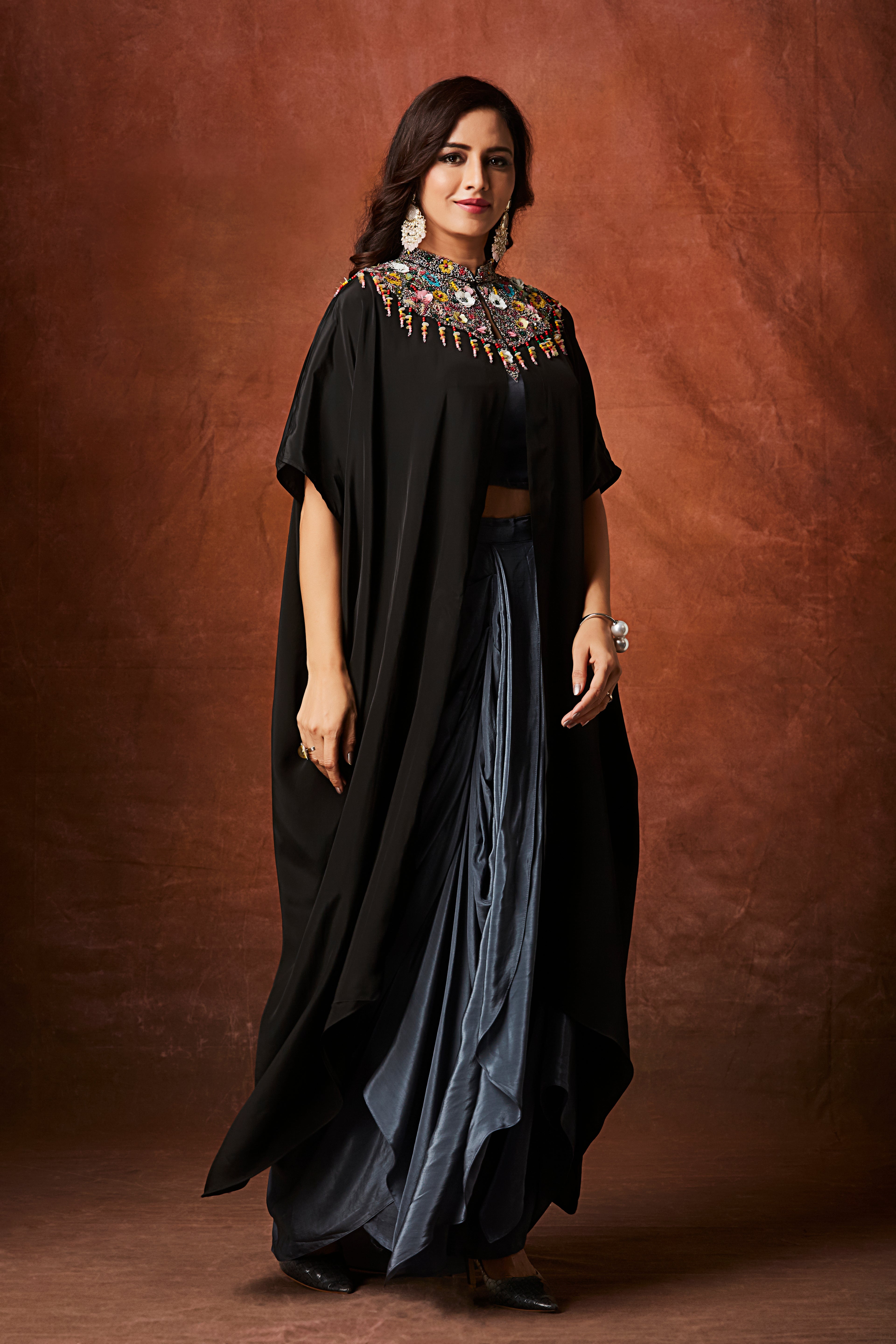 Slate Grey Embellished Crepe Silk Skirt Set