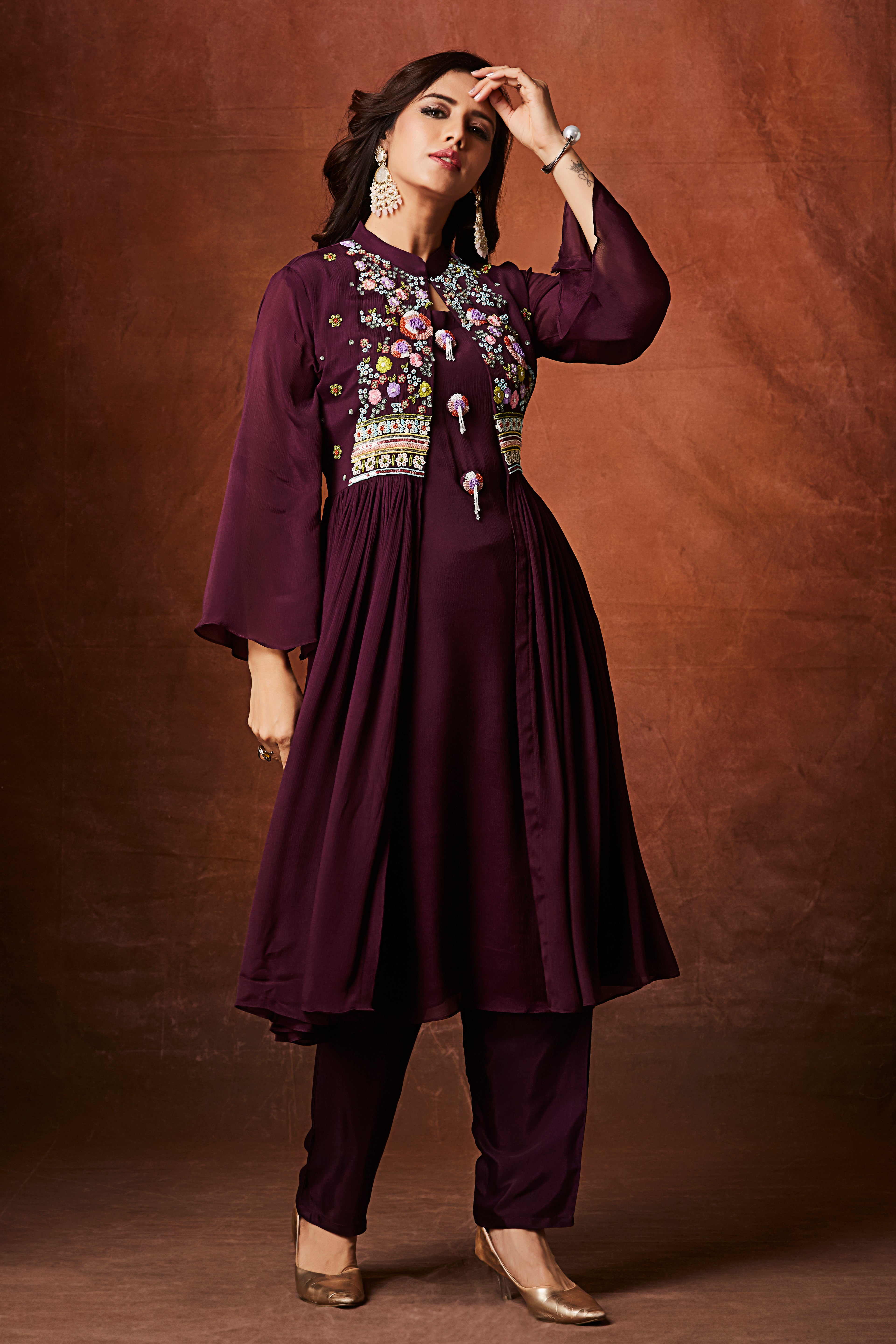 Deep Wine Embellished Chinon Silk Anarkali Set