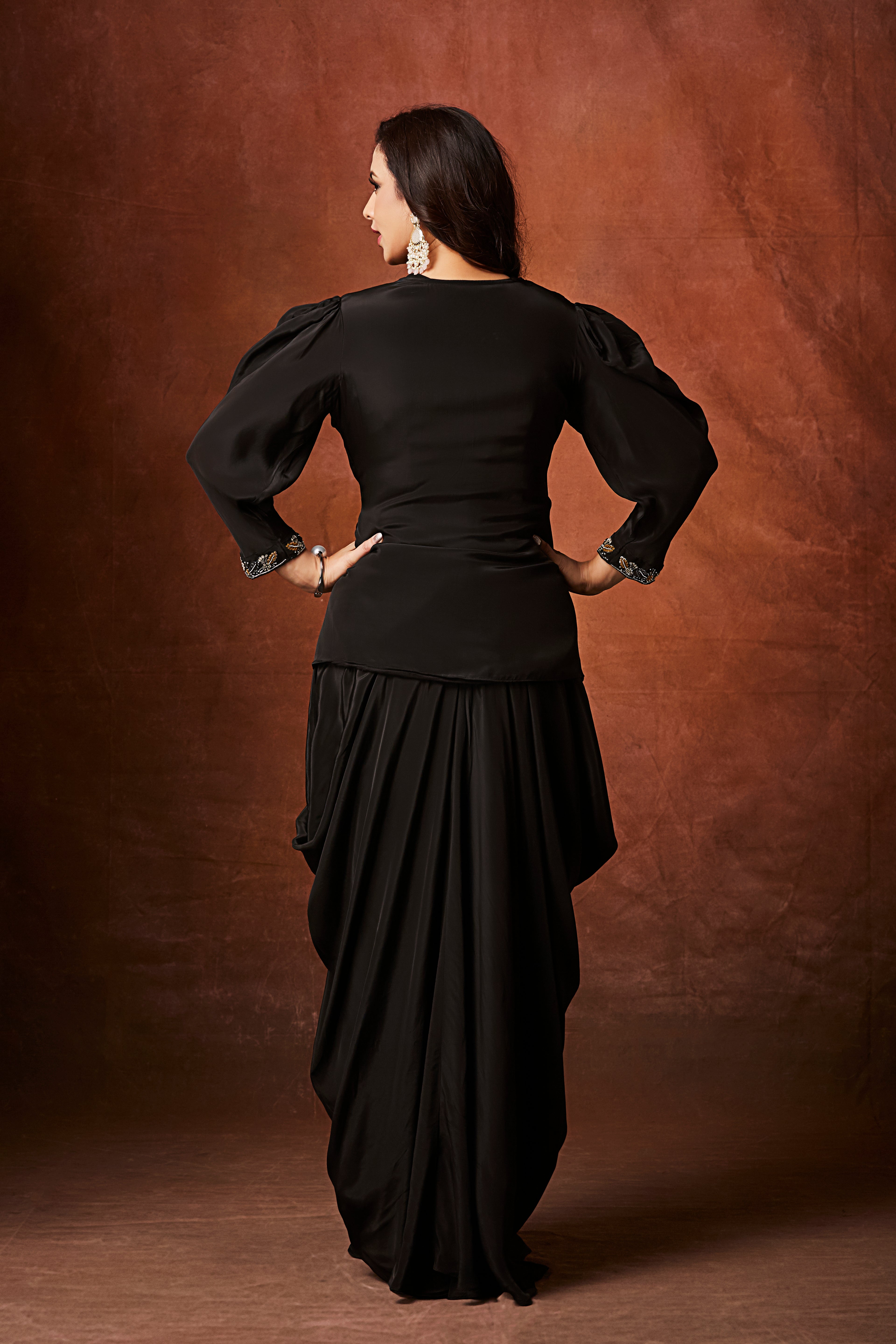 Coal Black Embellished Crepe Silk Skirt Set