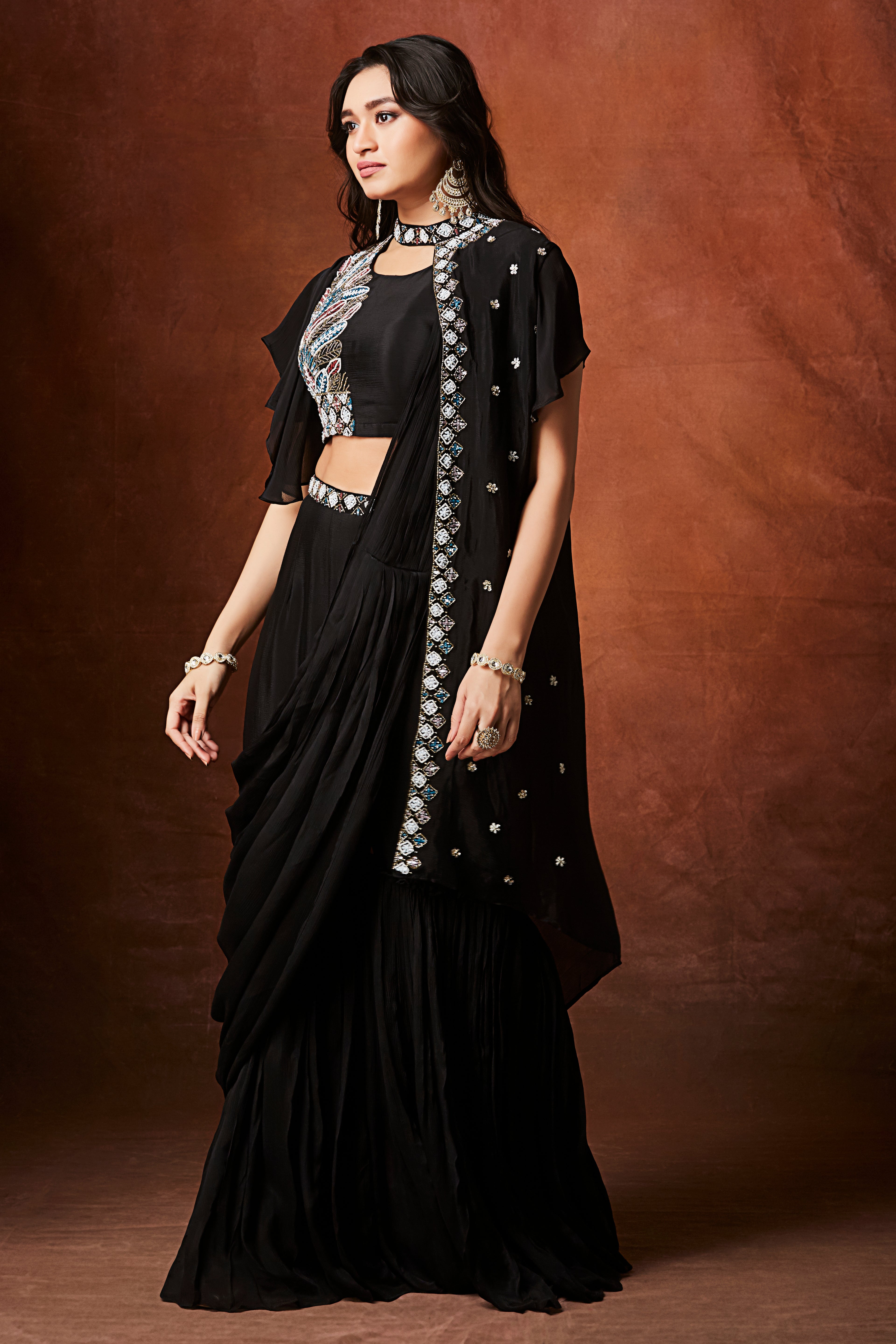 Coal Black Embellished Chinon Silk Palazzo Set