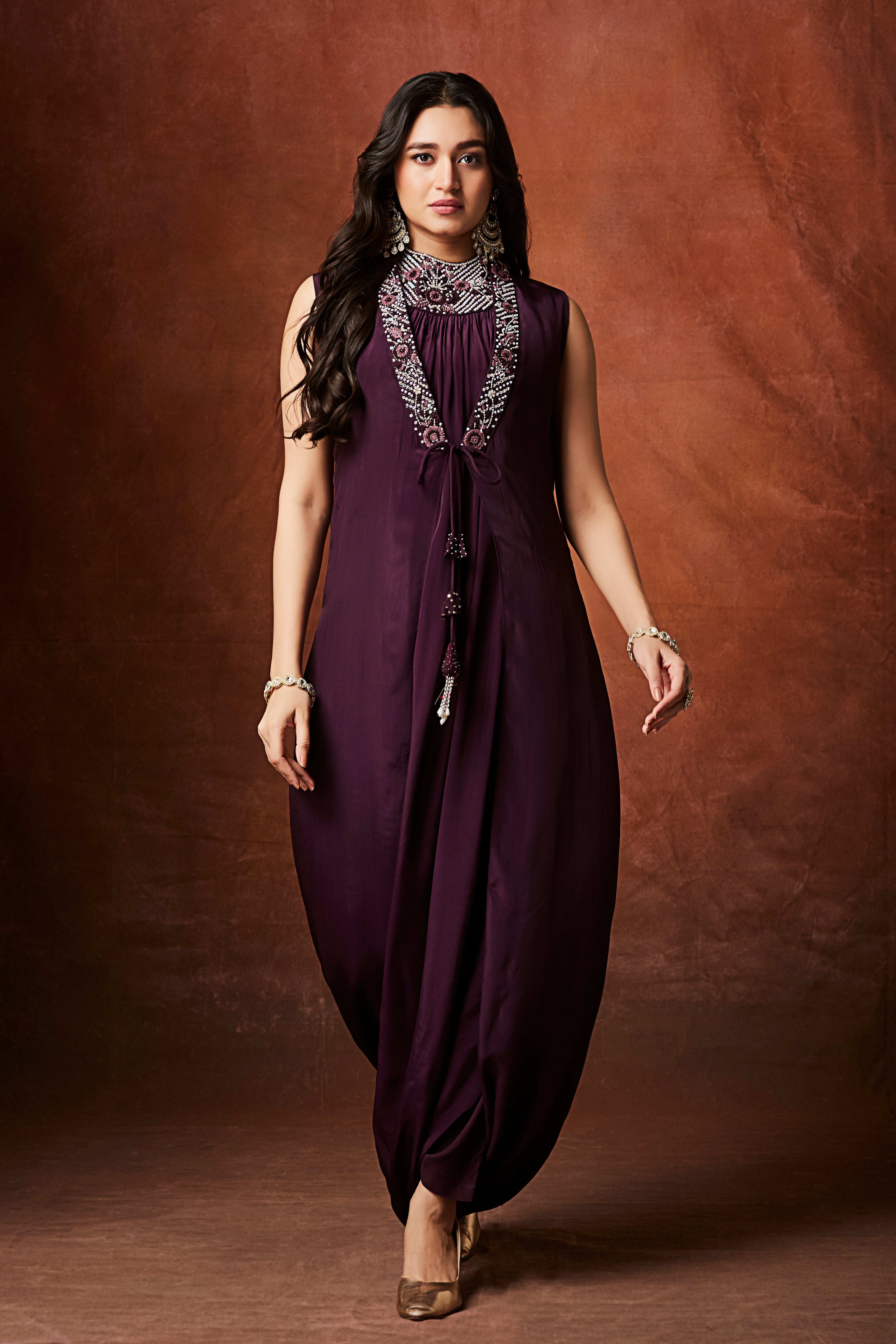 Deep Wine Embellished Chinon Silk Cowl Dress