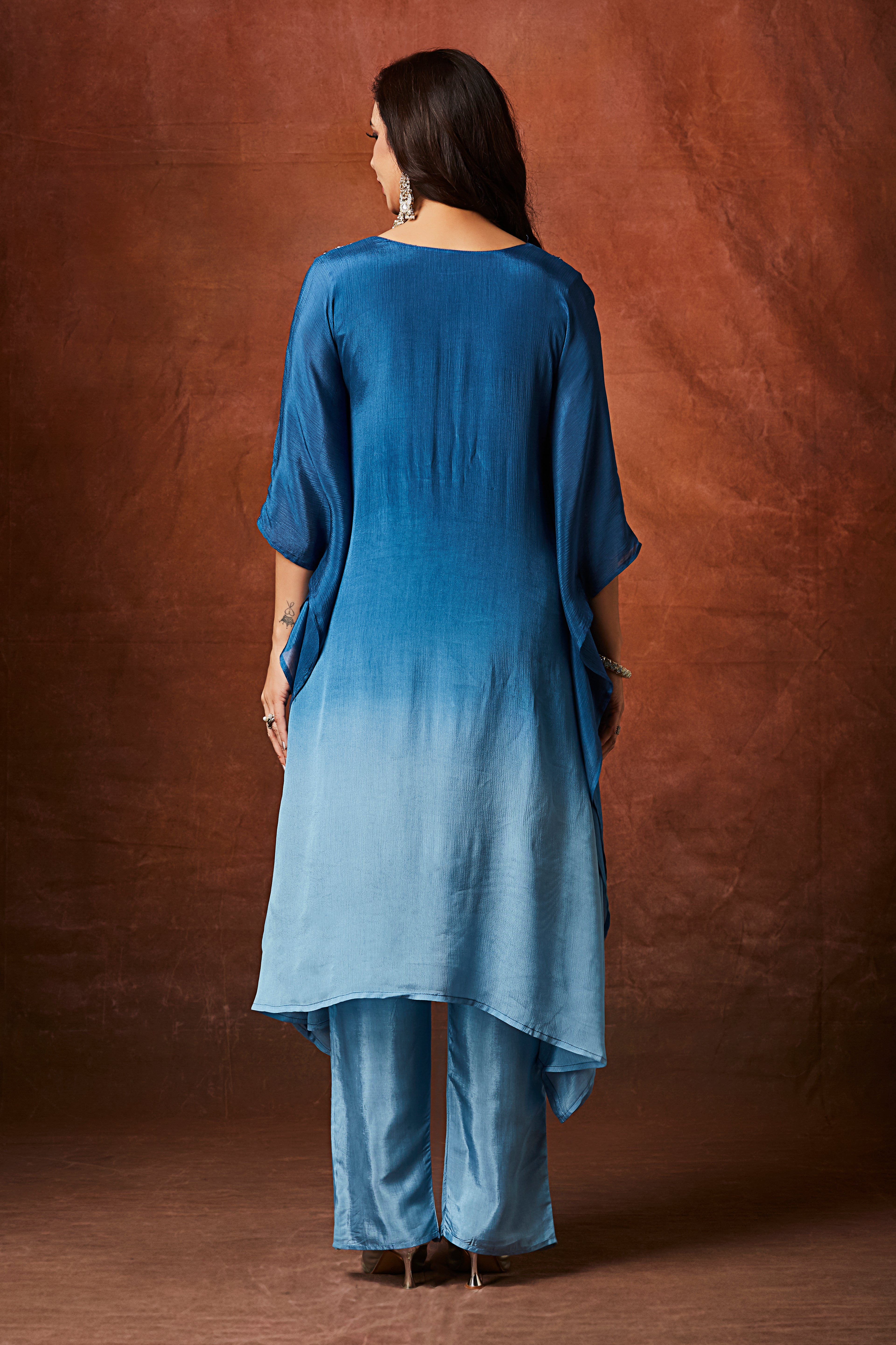 Indigo Ombre Embellished Chinon Silk Kaftan Set