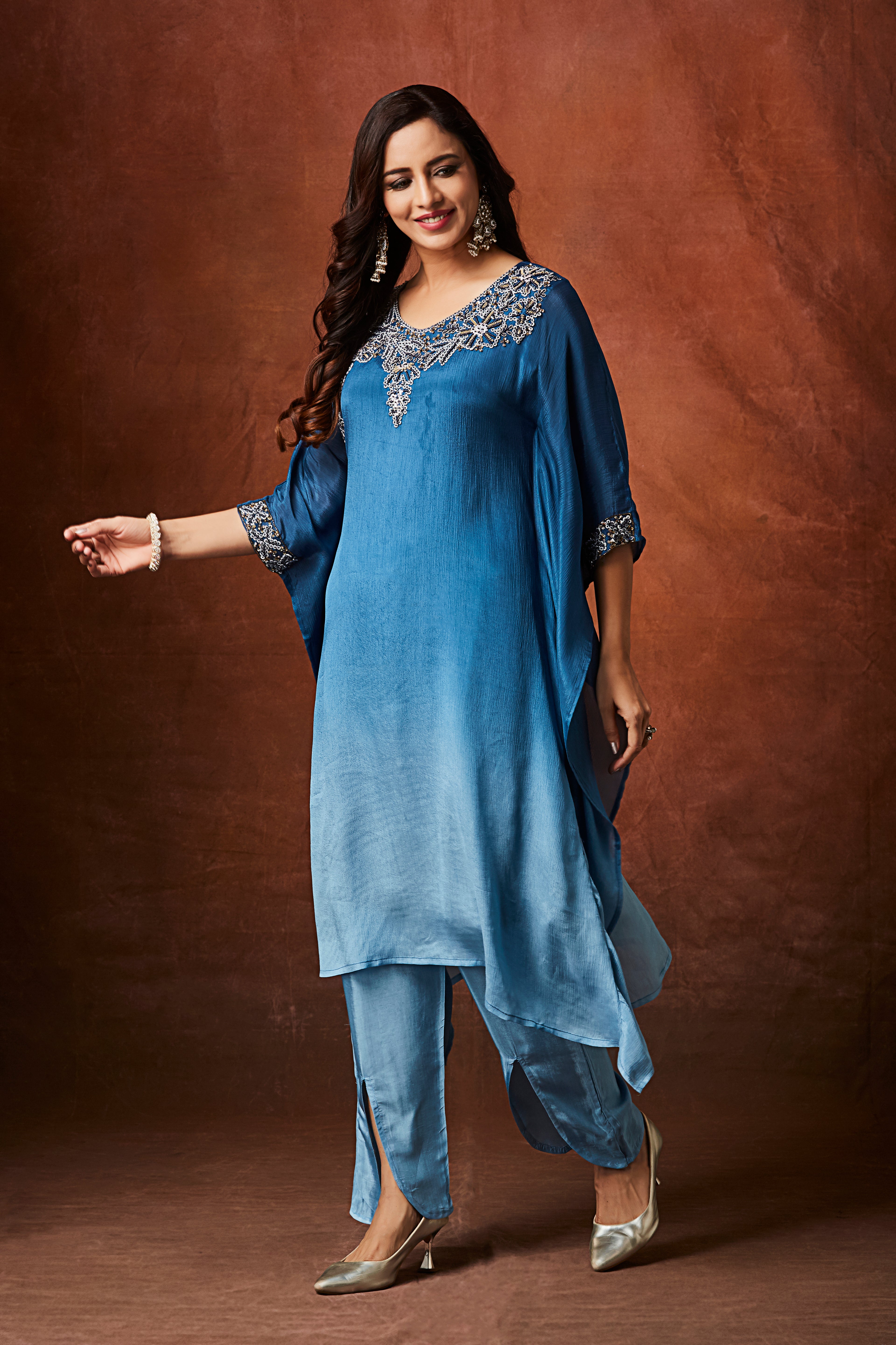 Indigo Ombre Embellished Chinon Silk Kaftan Set