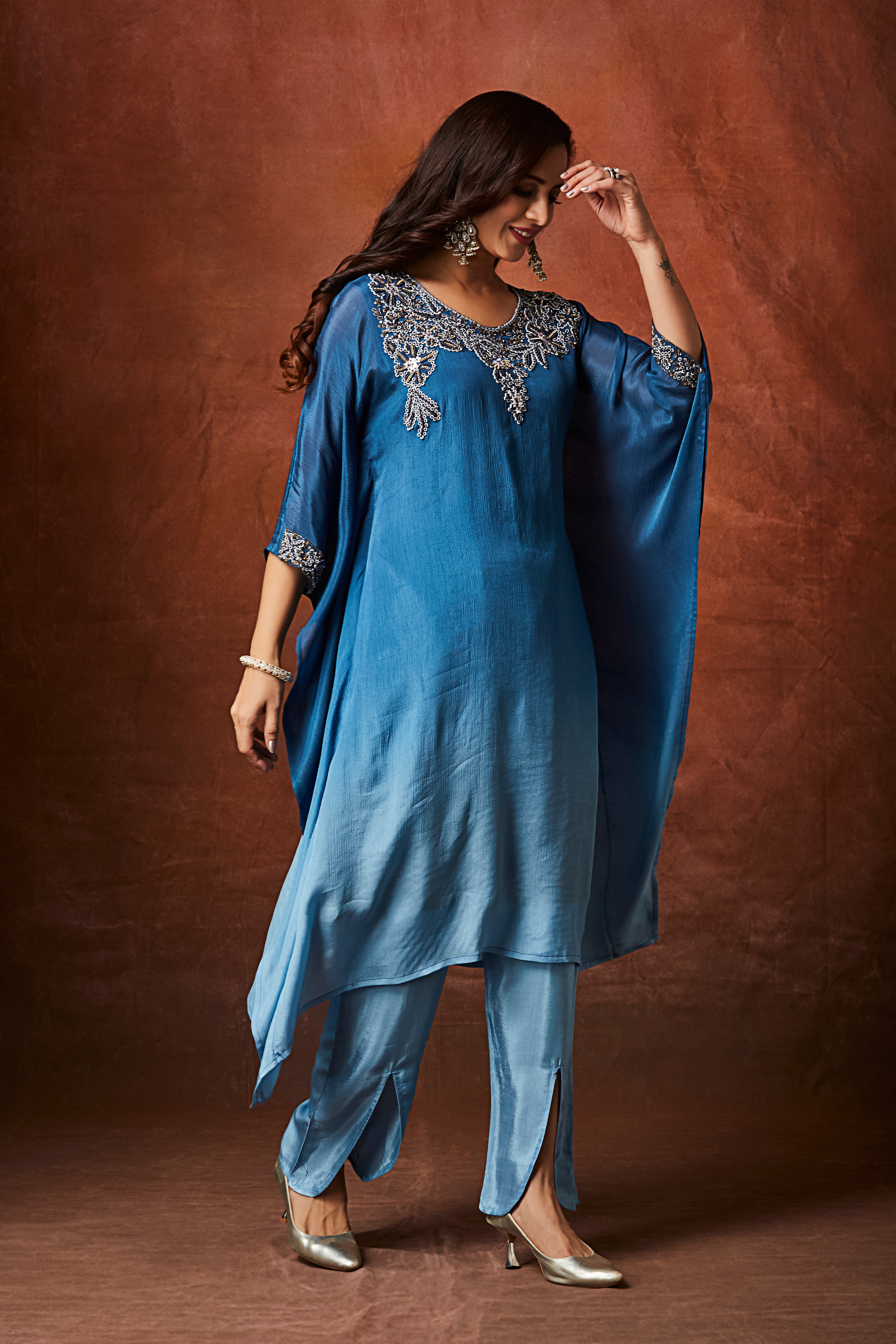 Indigo Ombre Embellished Chinon Silk Kaftan Set