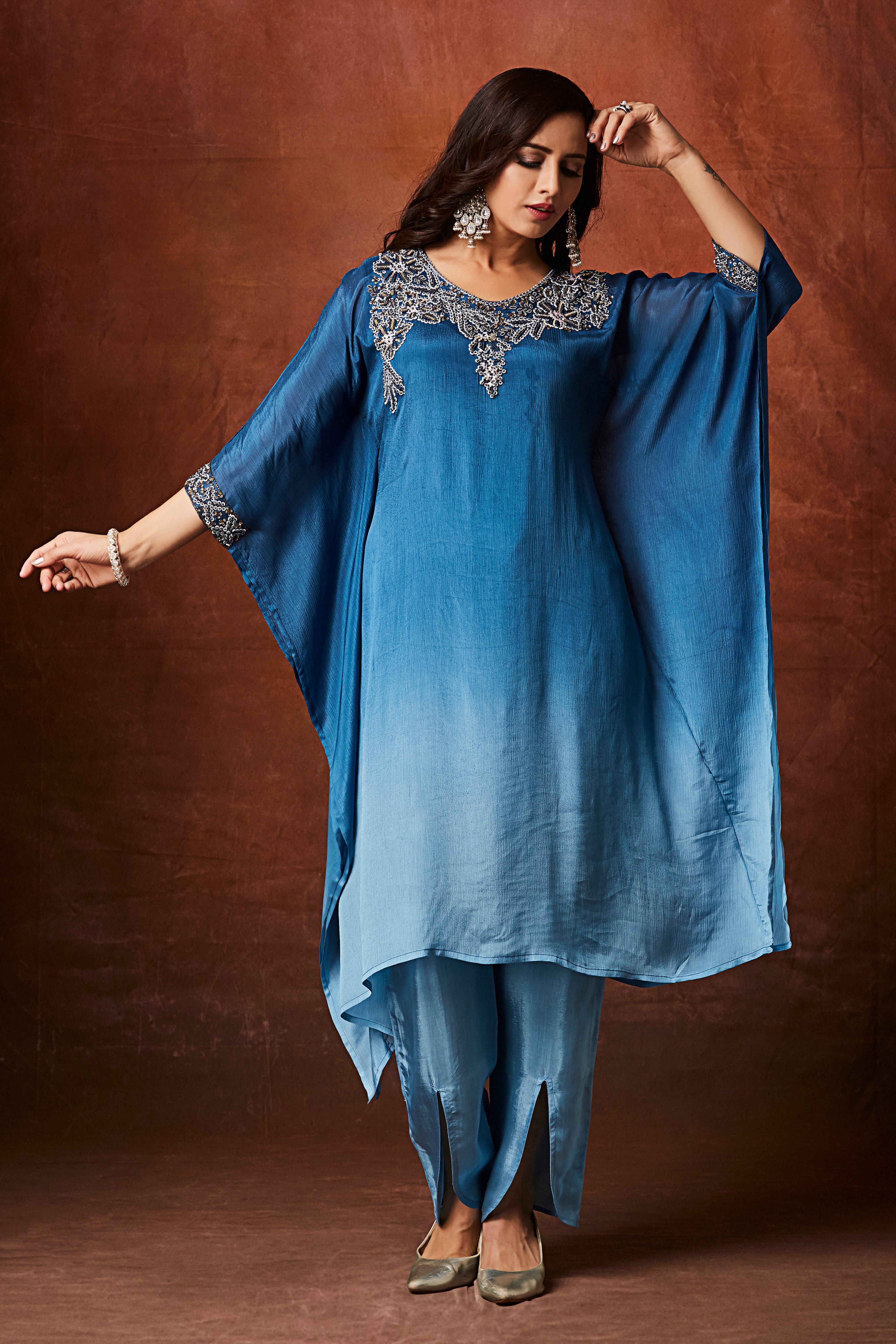 Indigo Ombre Embellished Chinon Silk Kaftan Set