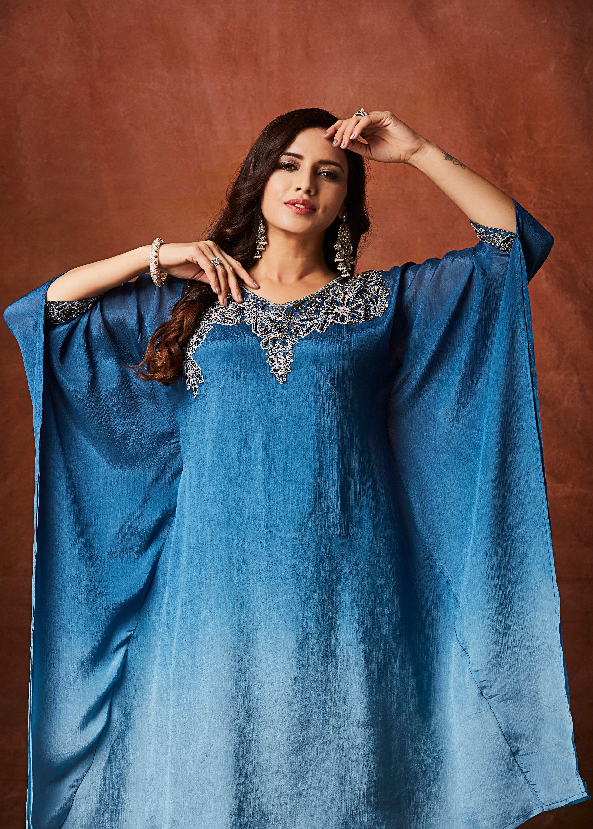 Indigo Ombre Embellished Chinon Silk Kaftan Set