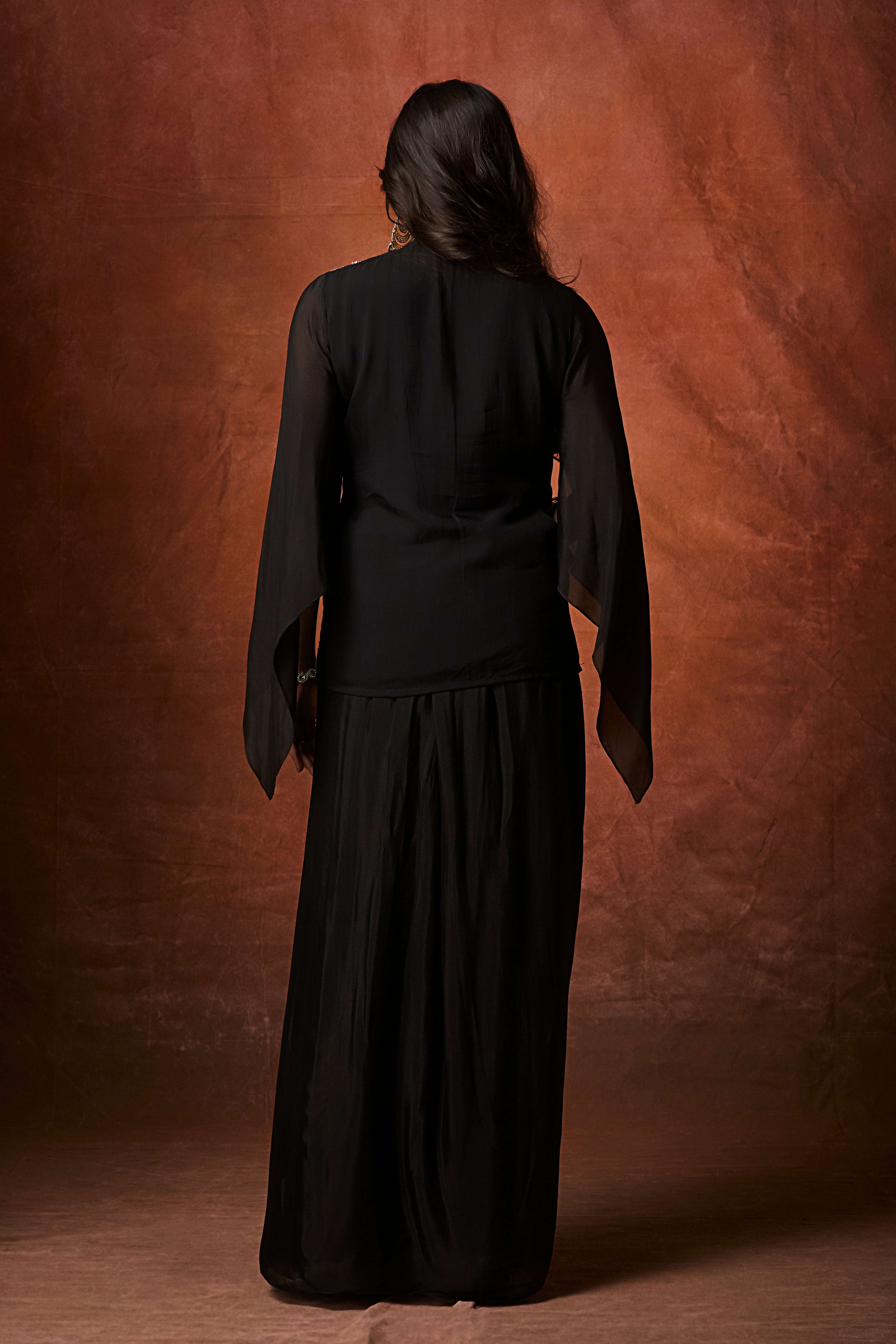 Classic Black Floral Embroidered Crepe Silk Skirt Set