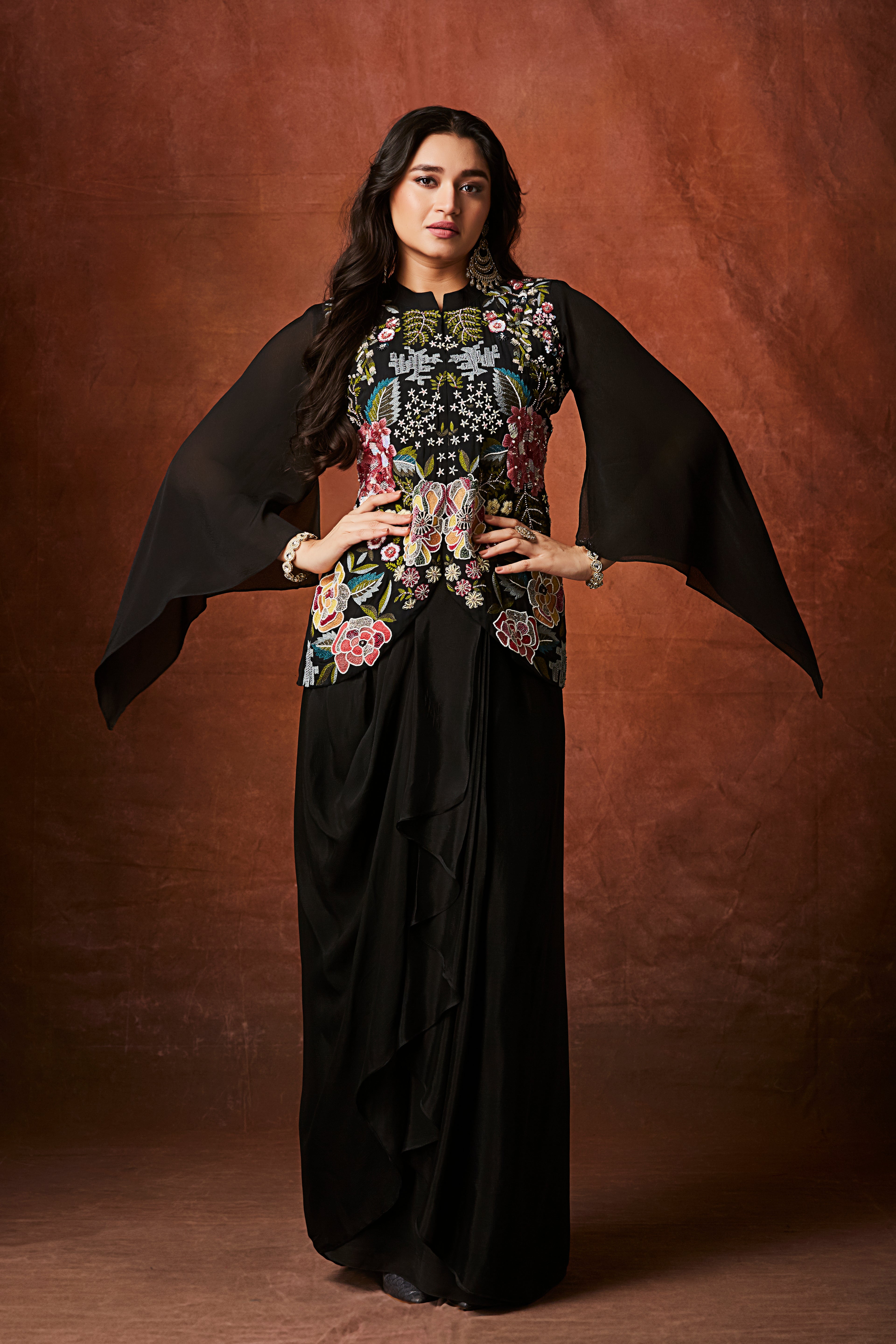 Classic Black Floral Embroidered Crepe Silk Skirt Set