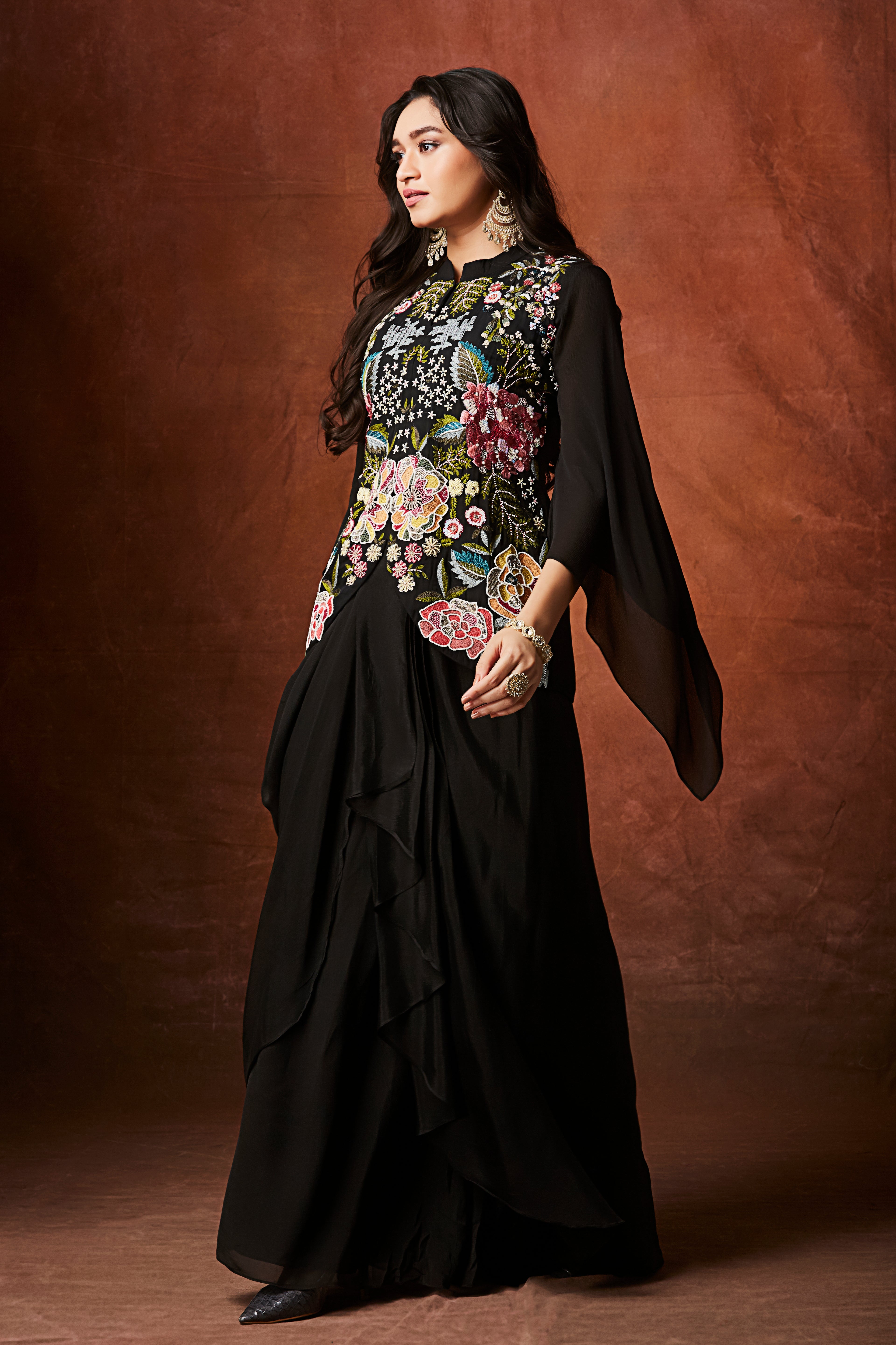 Classic Black Floral Embroidered Crepe Silk Skirt Set