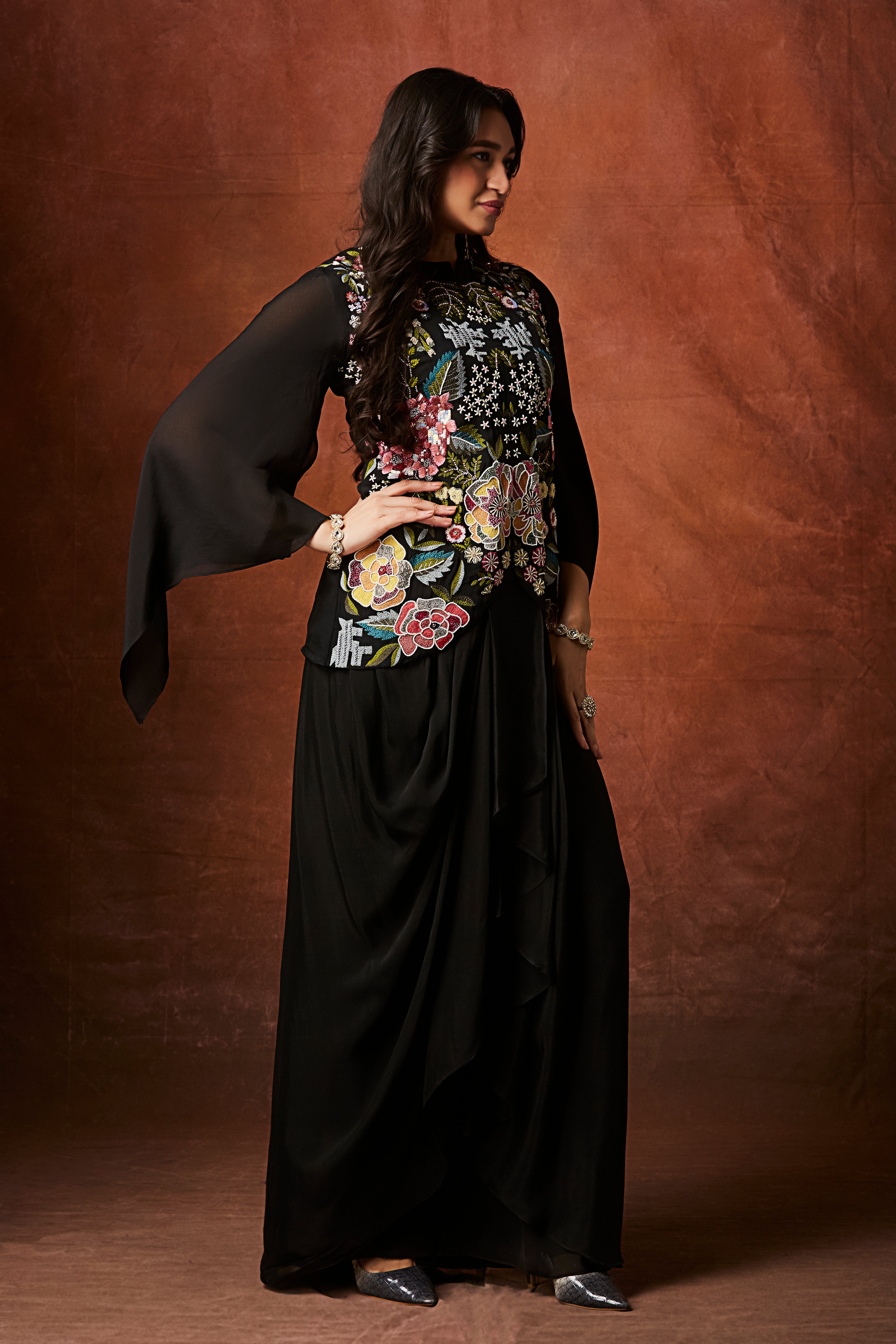 Classic Black Floral Embroidered Crepe Silk Skirt Set