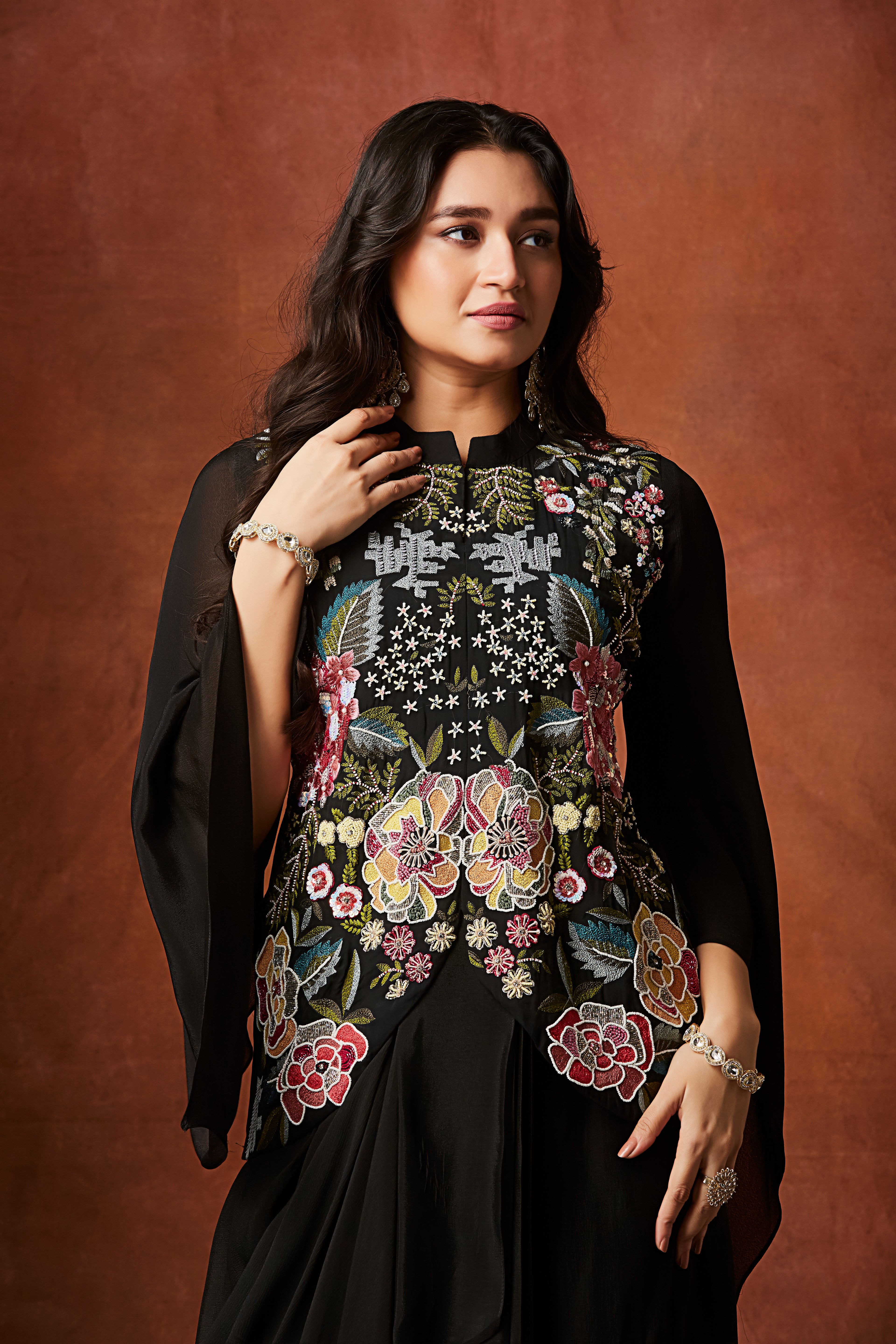 Classic Black Floral Embroidered Crepe Silk Skirt Set