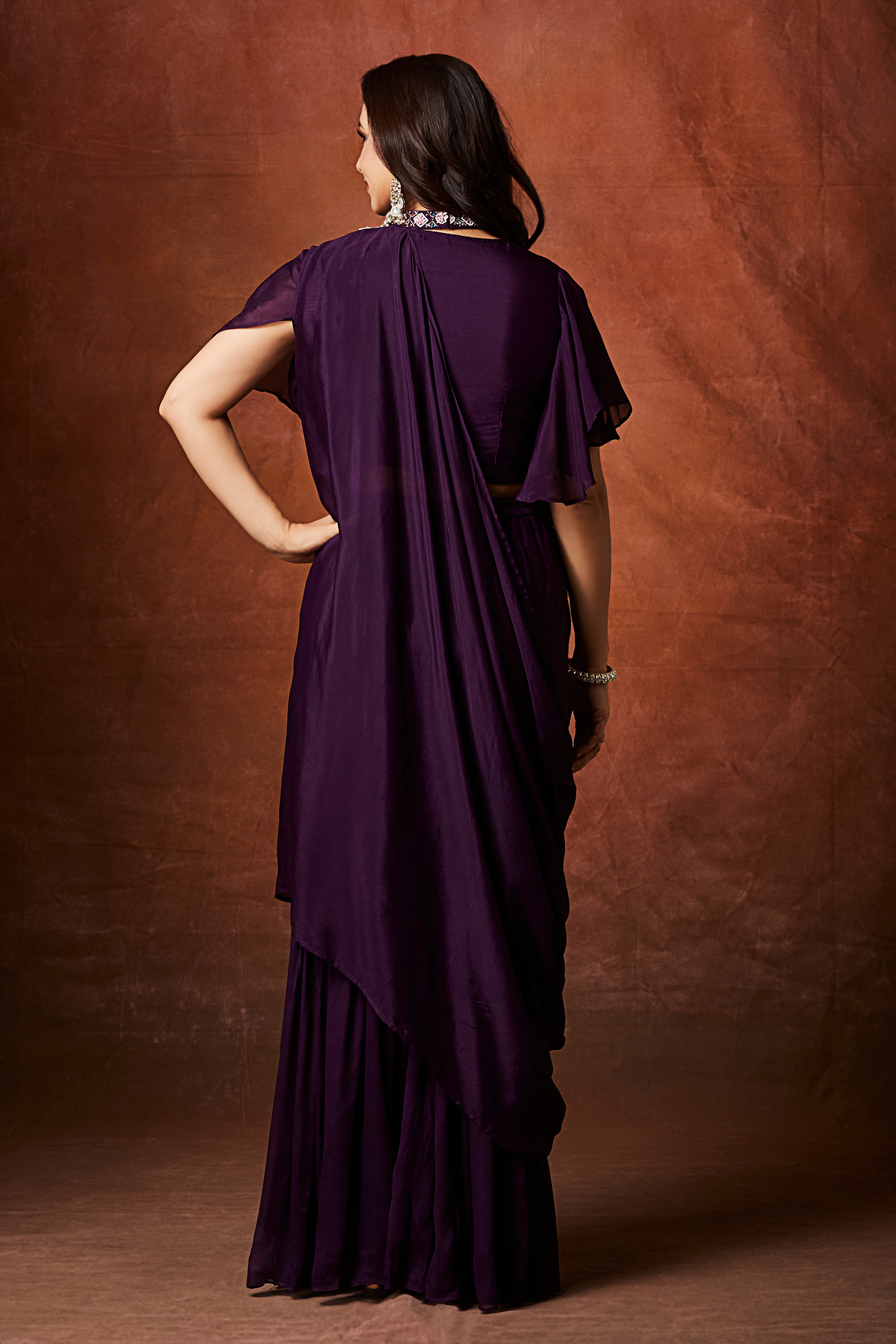 Imperial Plum Embellished Chinon Silk Palazzo Set