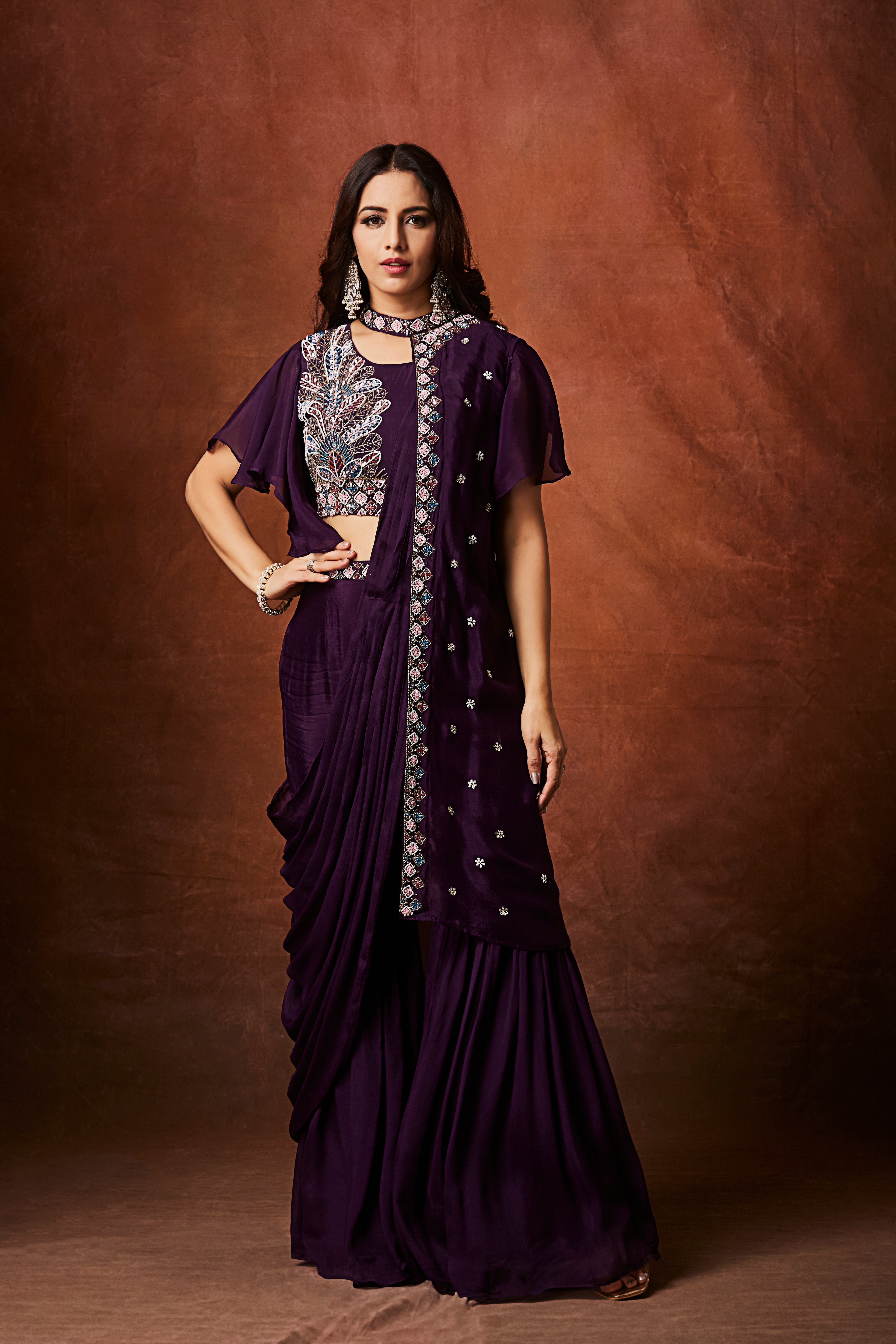 Imperial Plum Embellished Chinon Silk Palazzo Set