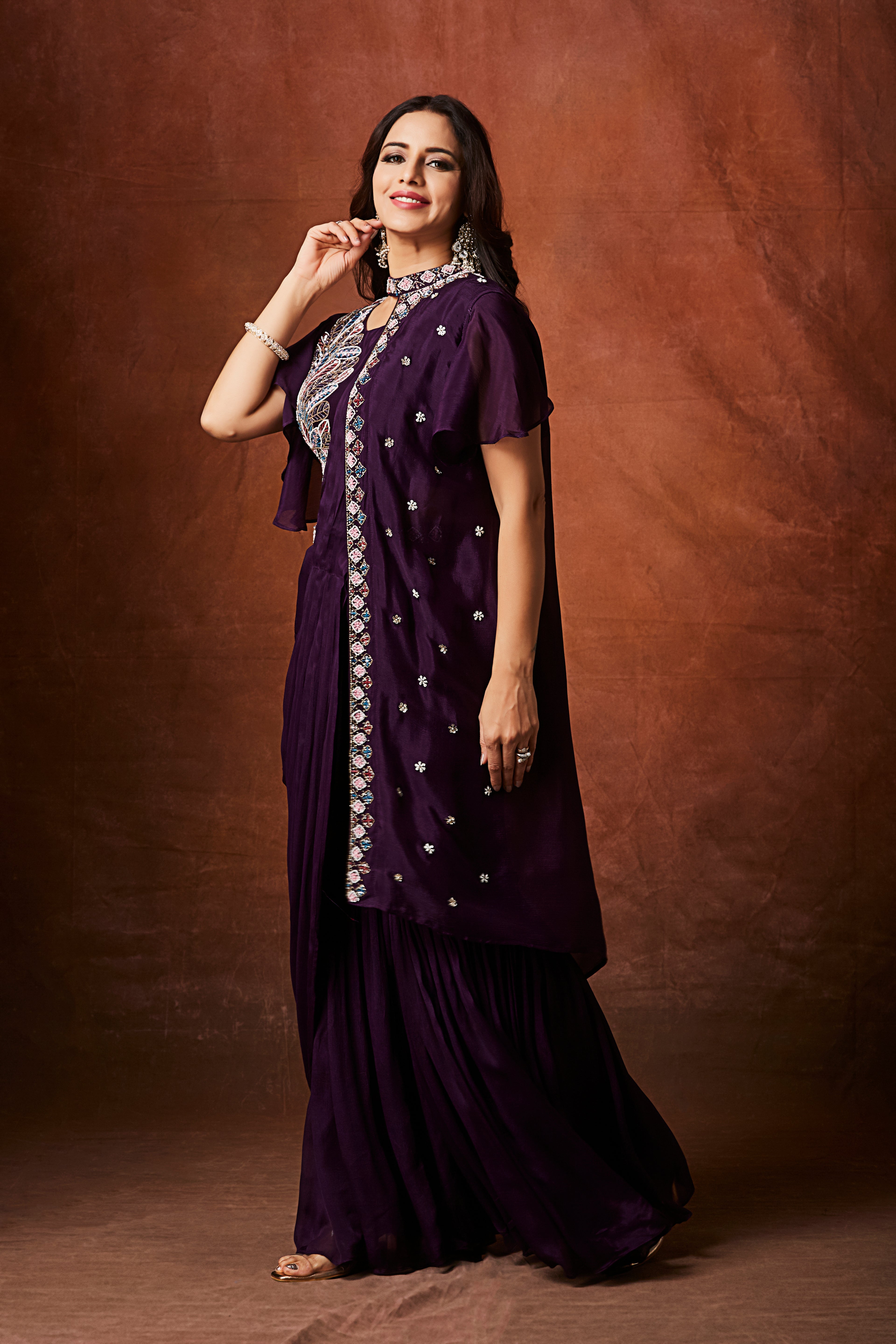 Imperial Plum Embellished Chinon Silk Palazzo Set