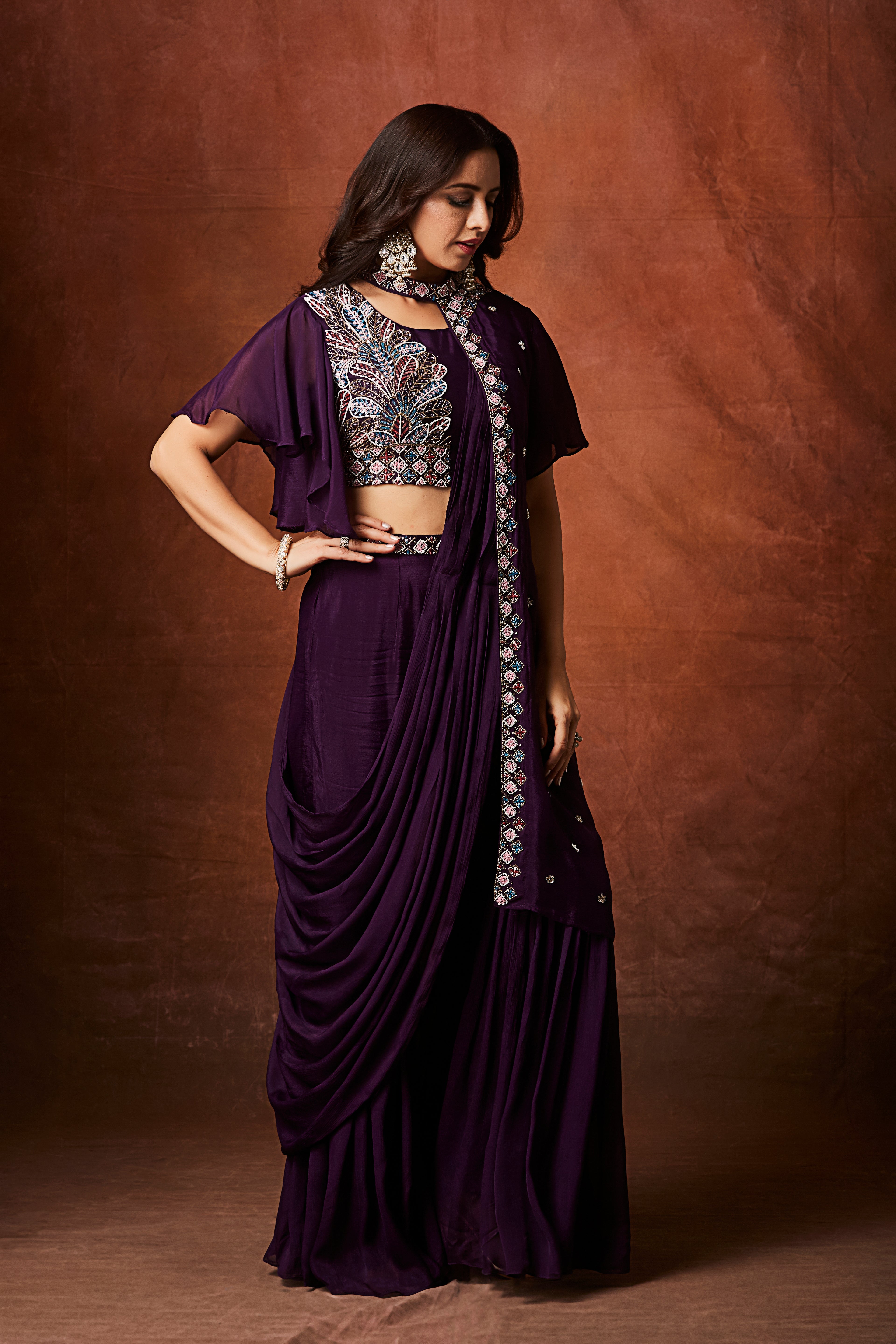 Imperial Plum Embellished Chinon Silk Palazzo Set
