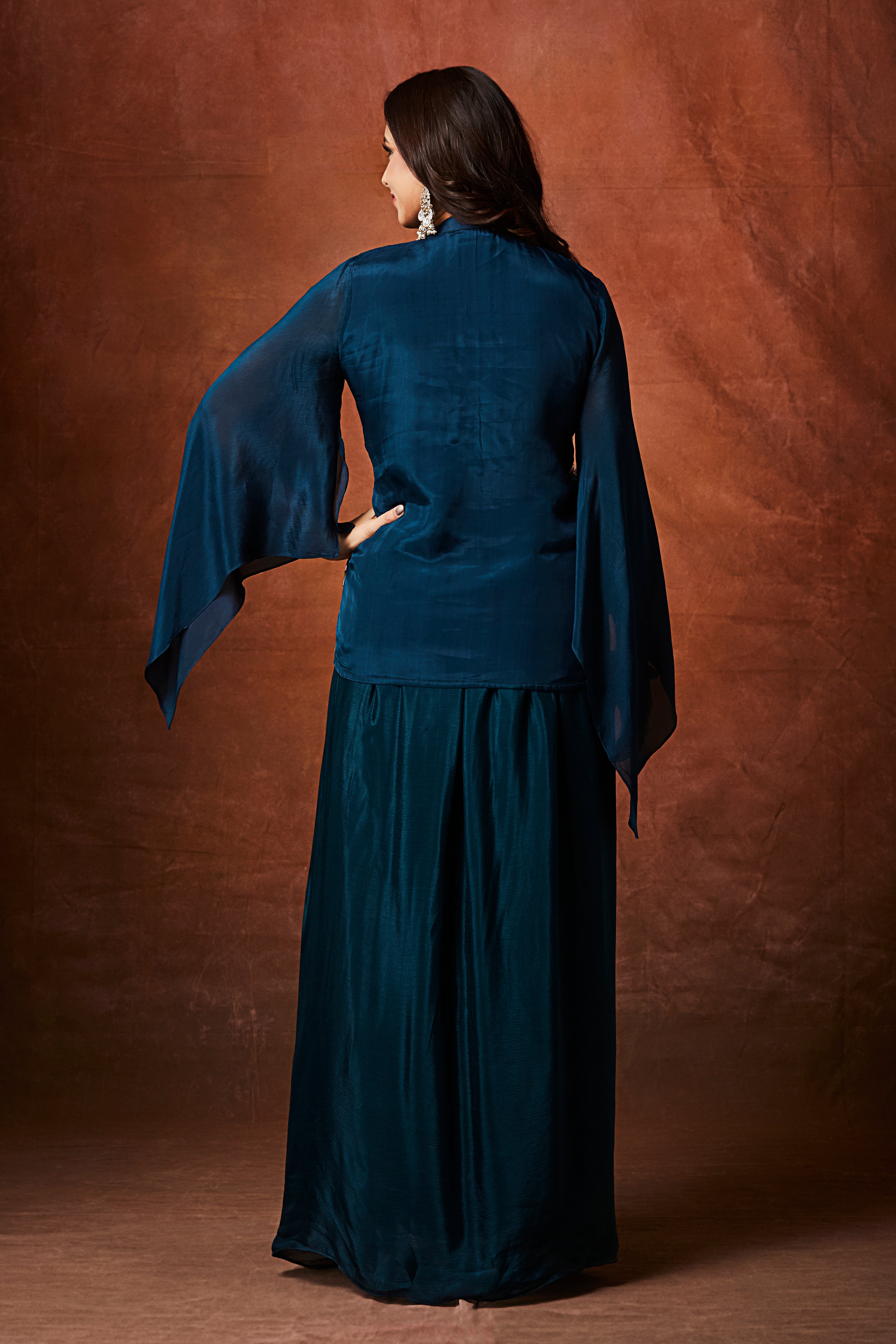 Deep Teal Floral Embroidered Crepe Silk Skirt Set
