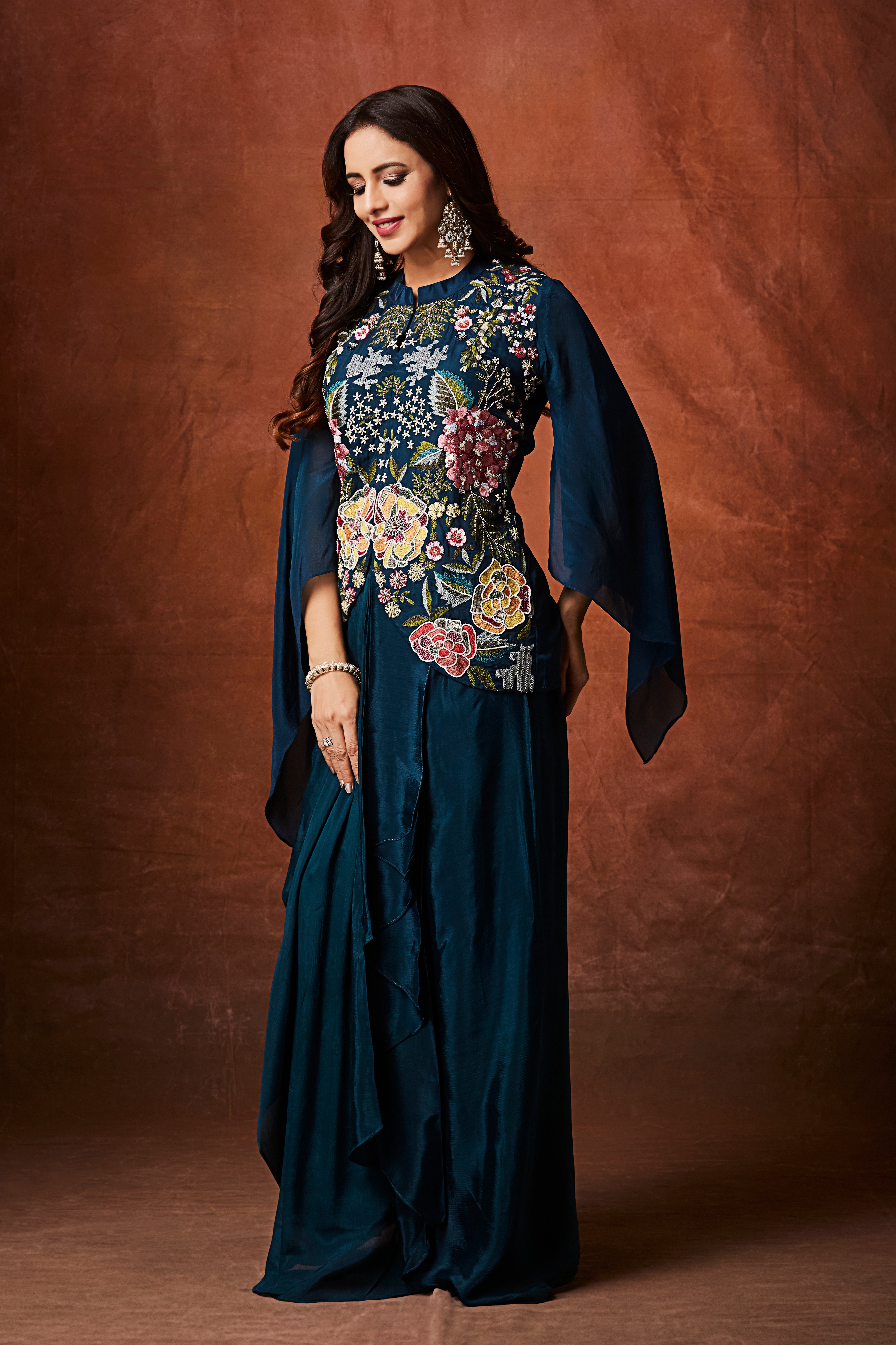 Deep Teal Floral Embroidered Crepe Silk Skirt Set