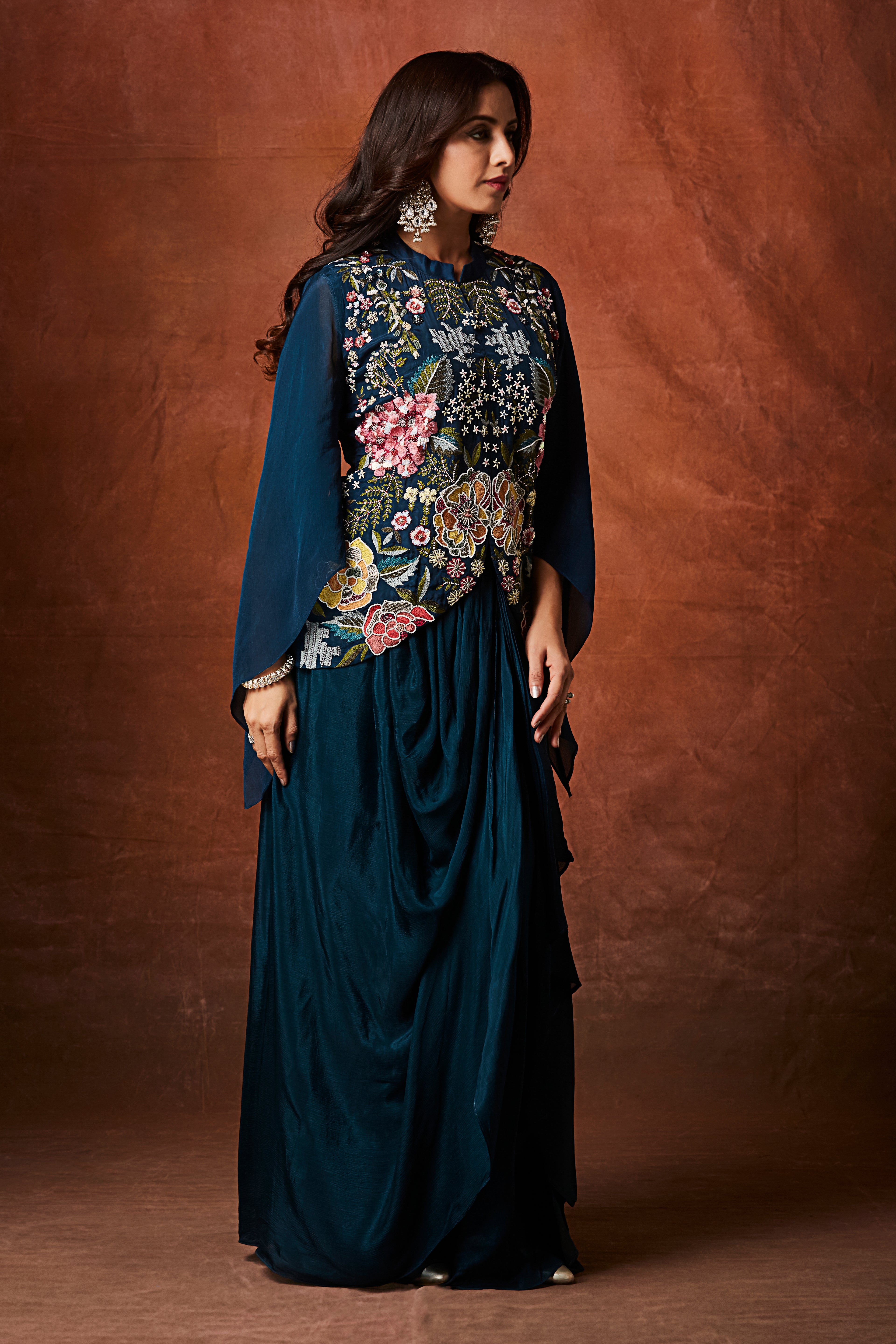 Deep Teal Floral Embroidered Crepe Silk Skirt Set
