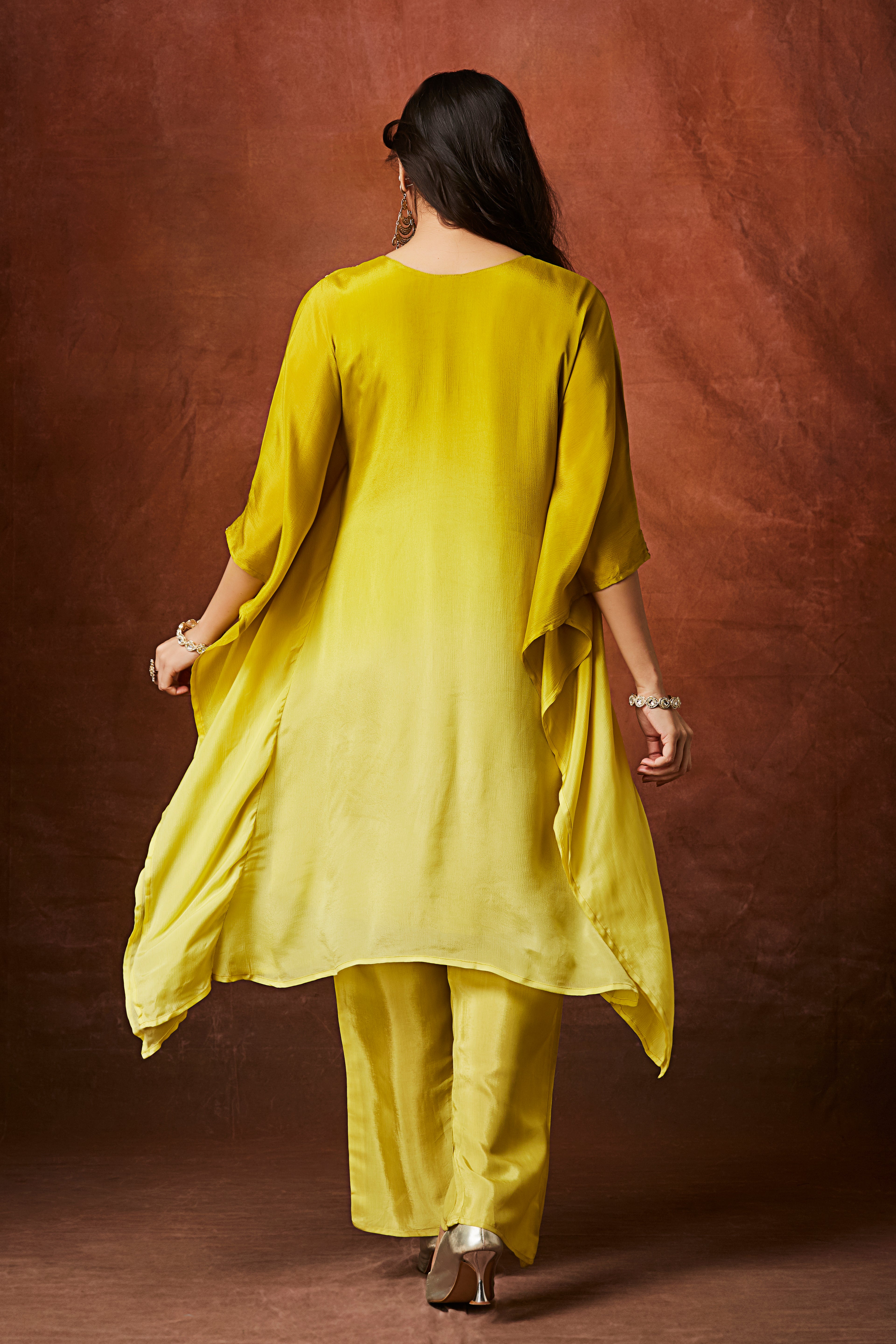 Lime Yellow Ombre Embellished Chinon Silk Kaftan Set