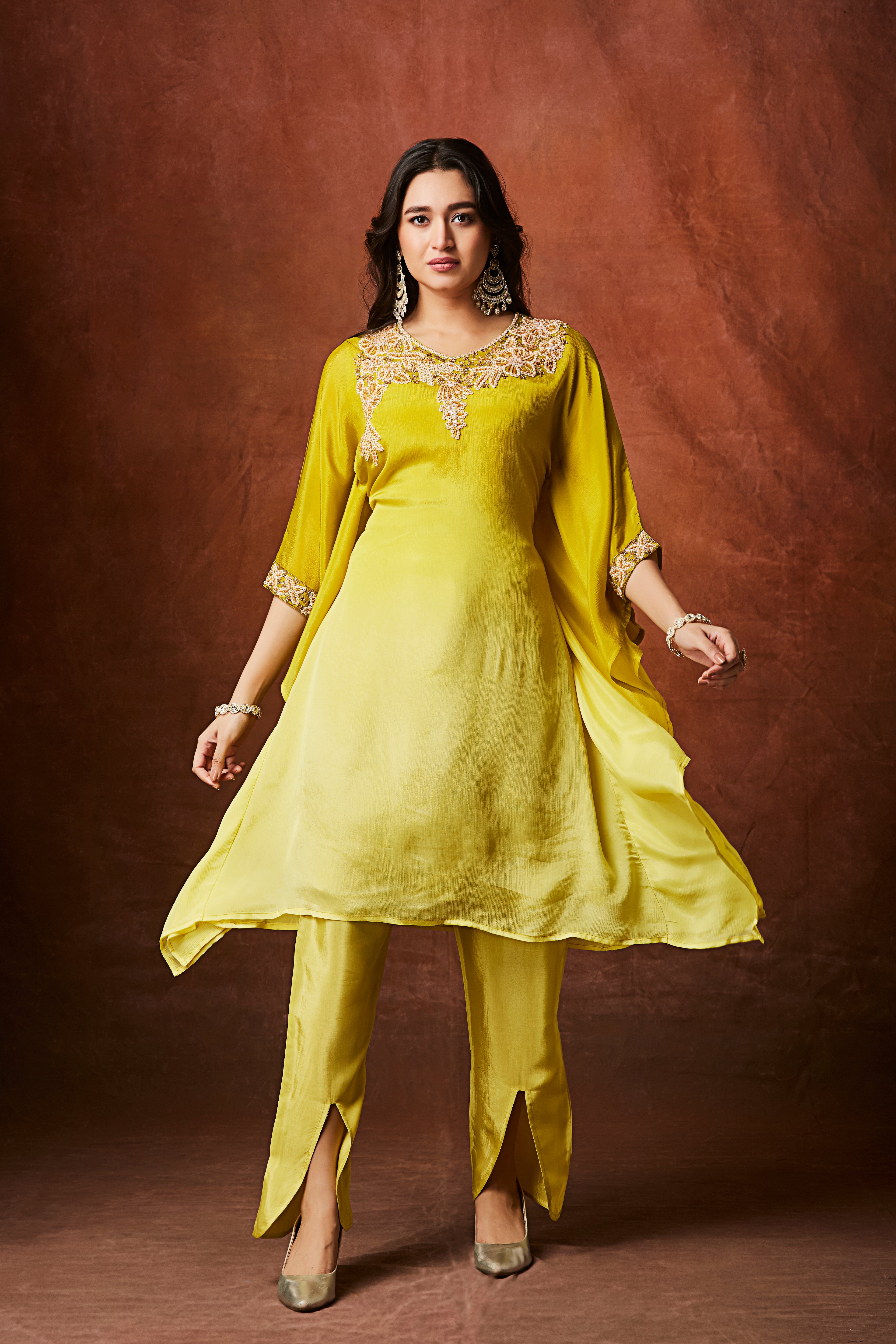 Lime Yellow Ombre Embellished Chinon Silk Kaftan Set