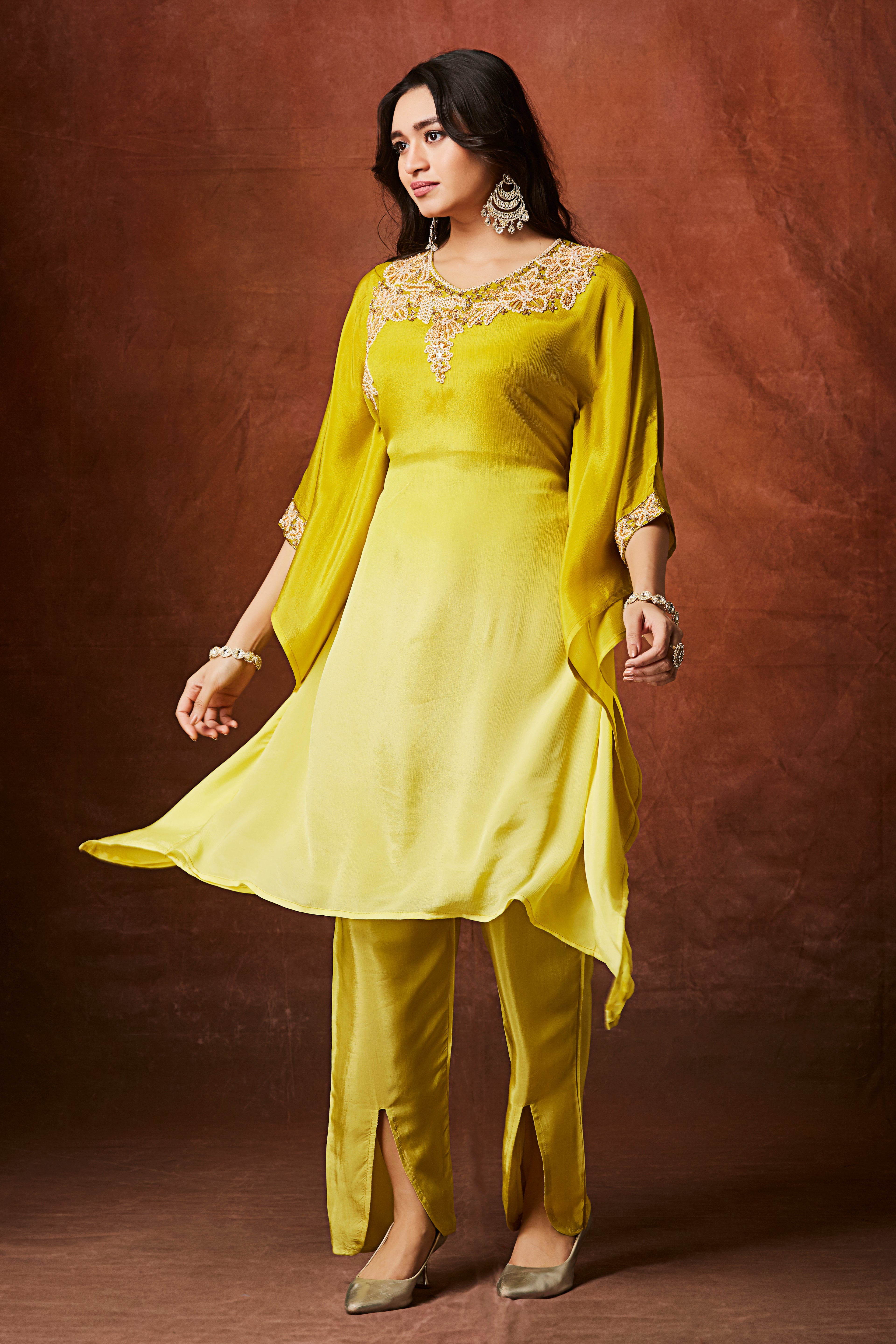 Lime Yellow Ombre Embellished Chinon Silk Kaftan Set