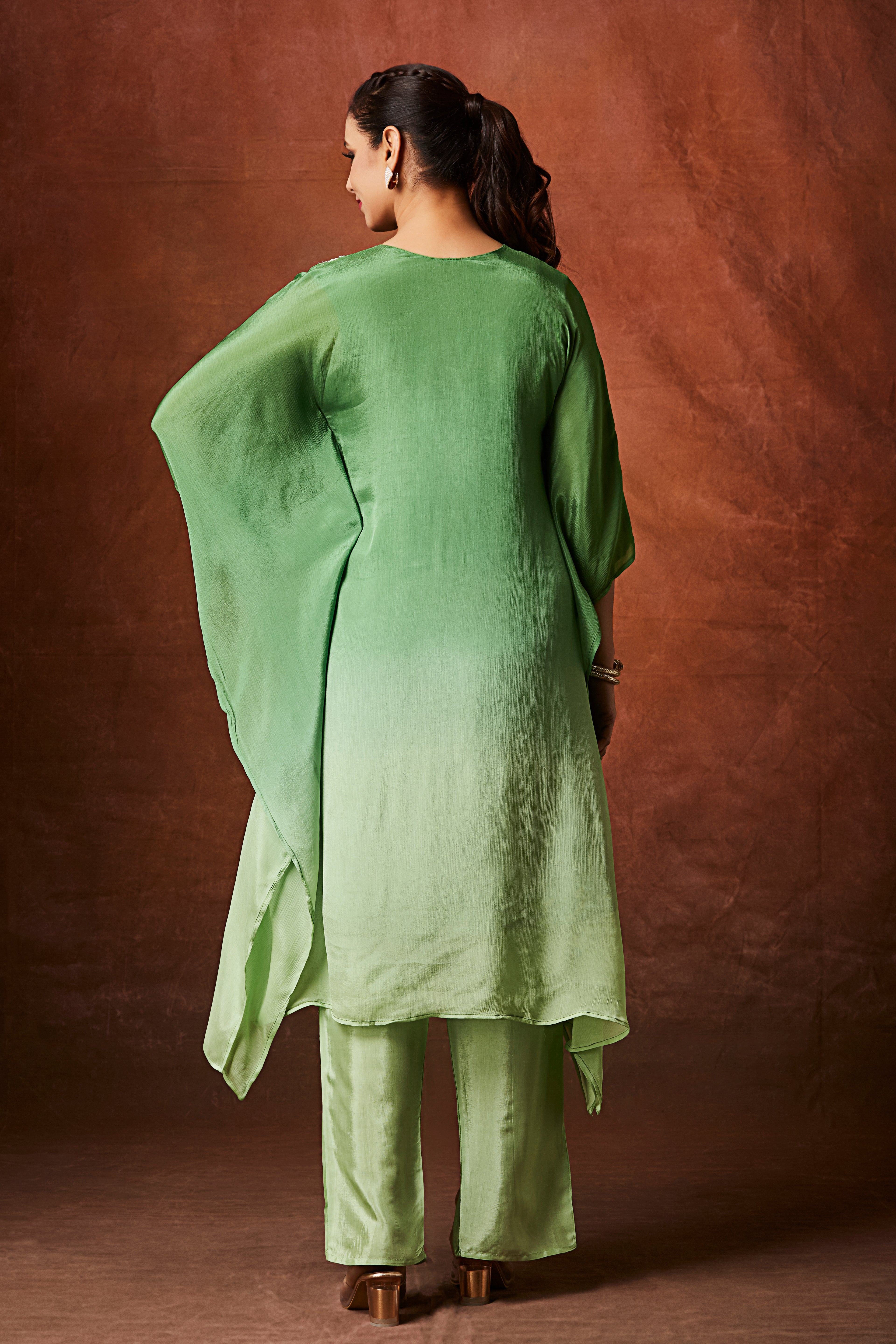 Mint Ombre Embellished Chinon Silk Kaftan Set