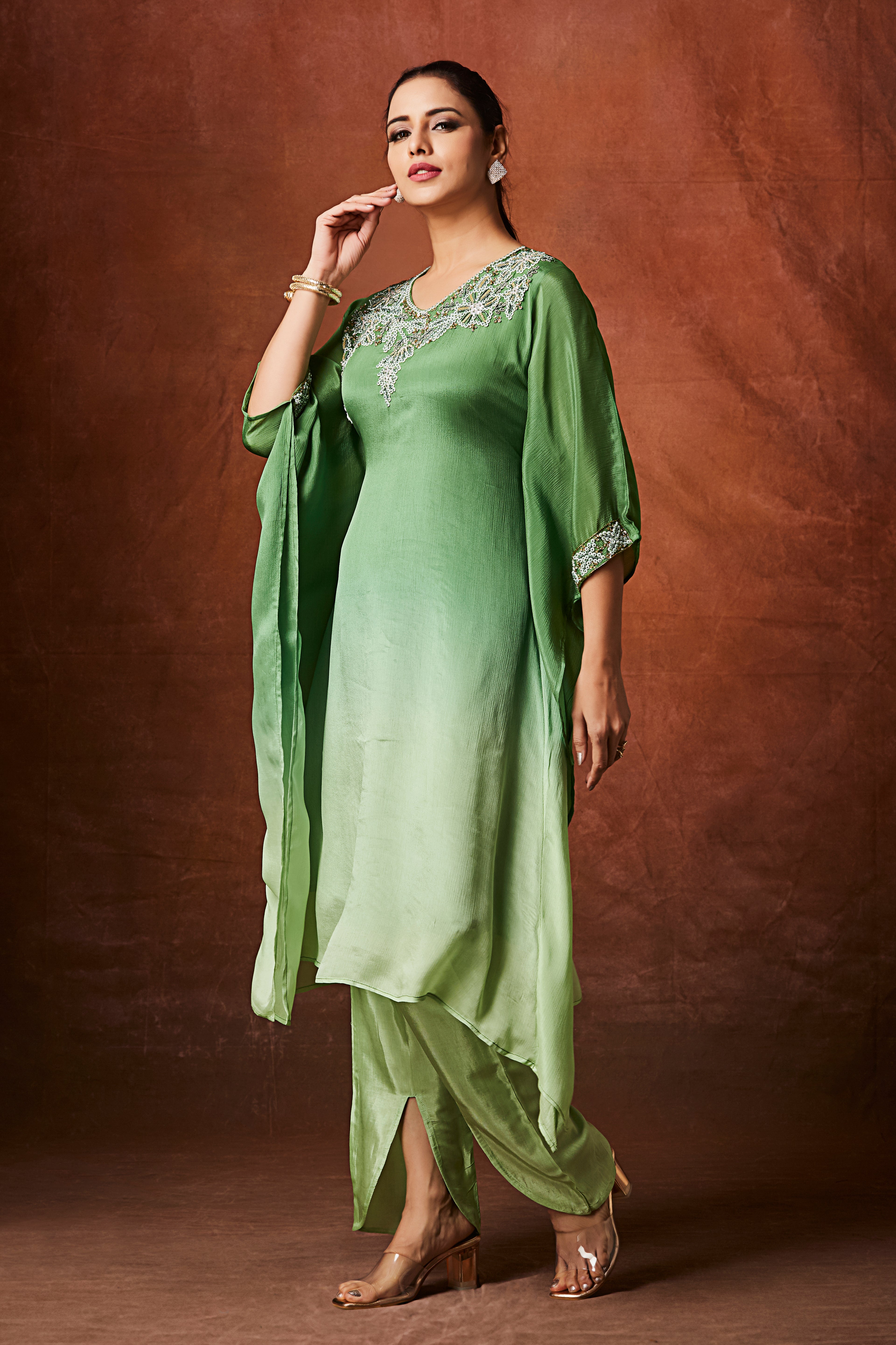 Mint Ombre Embellished Chinon Silk Kaftan Set