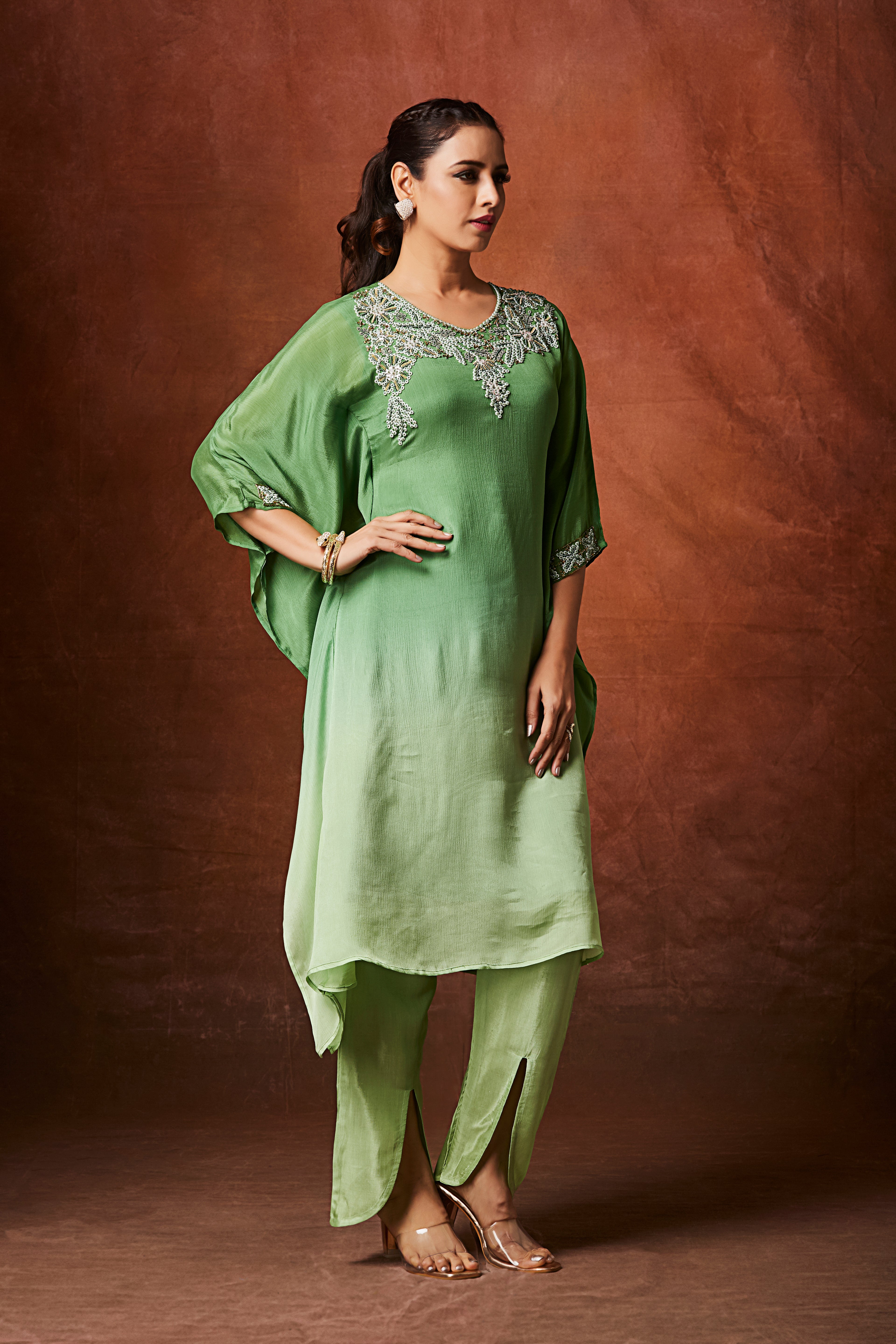 Mint Ombre Embellished Chinon Silk Kaftan Set