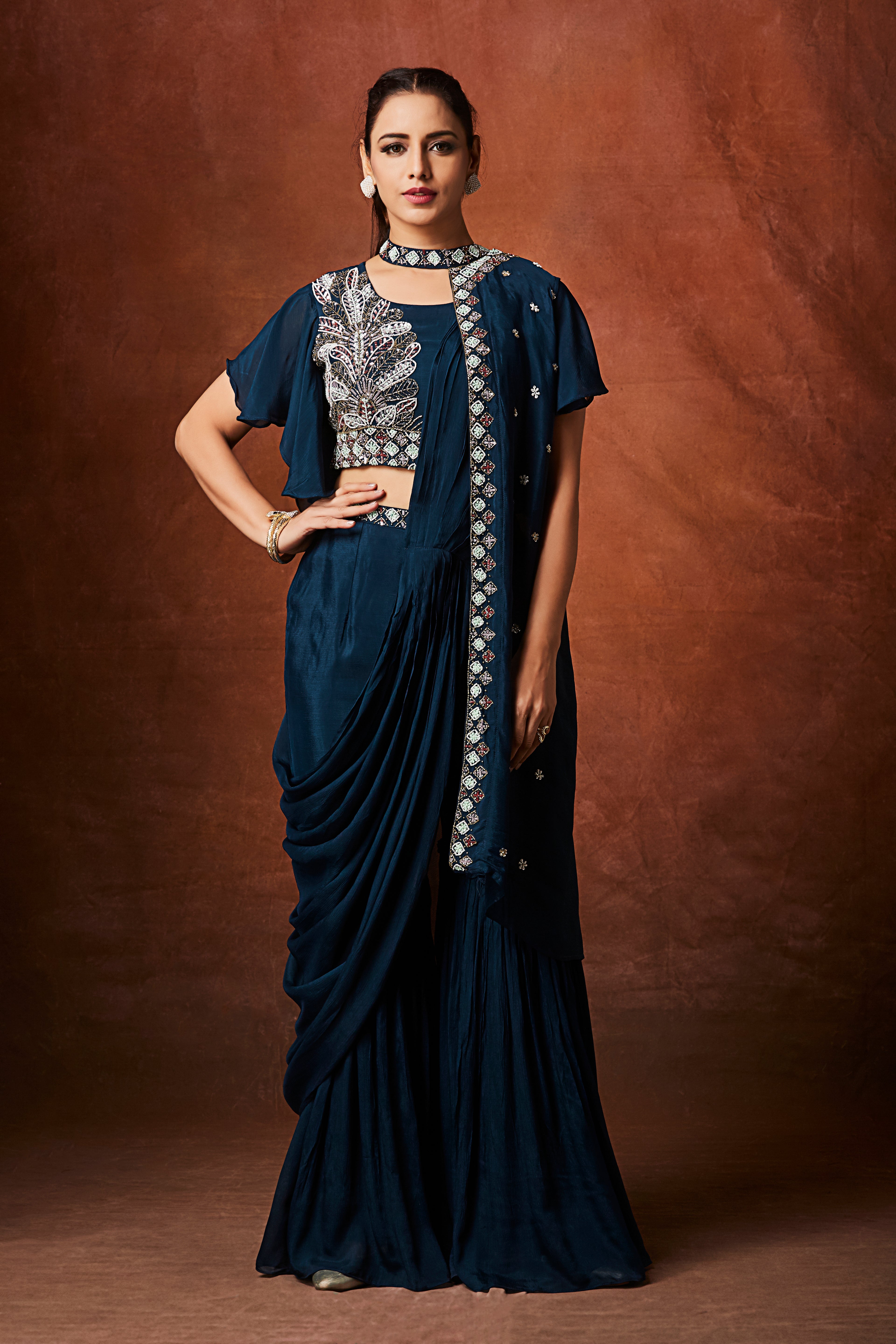 Dark Teal Embellished Chinon Silk Palazzo Set