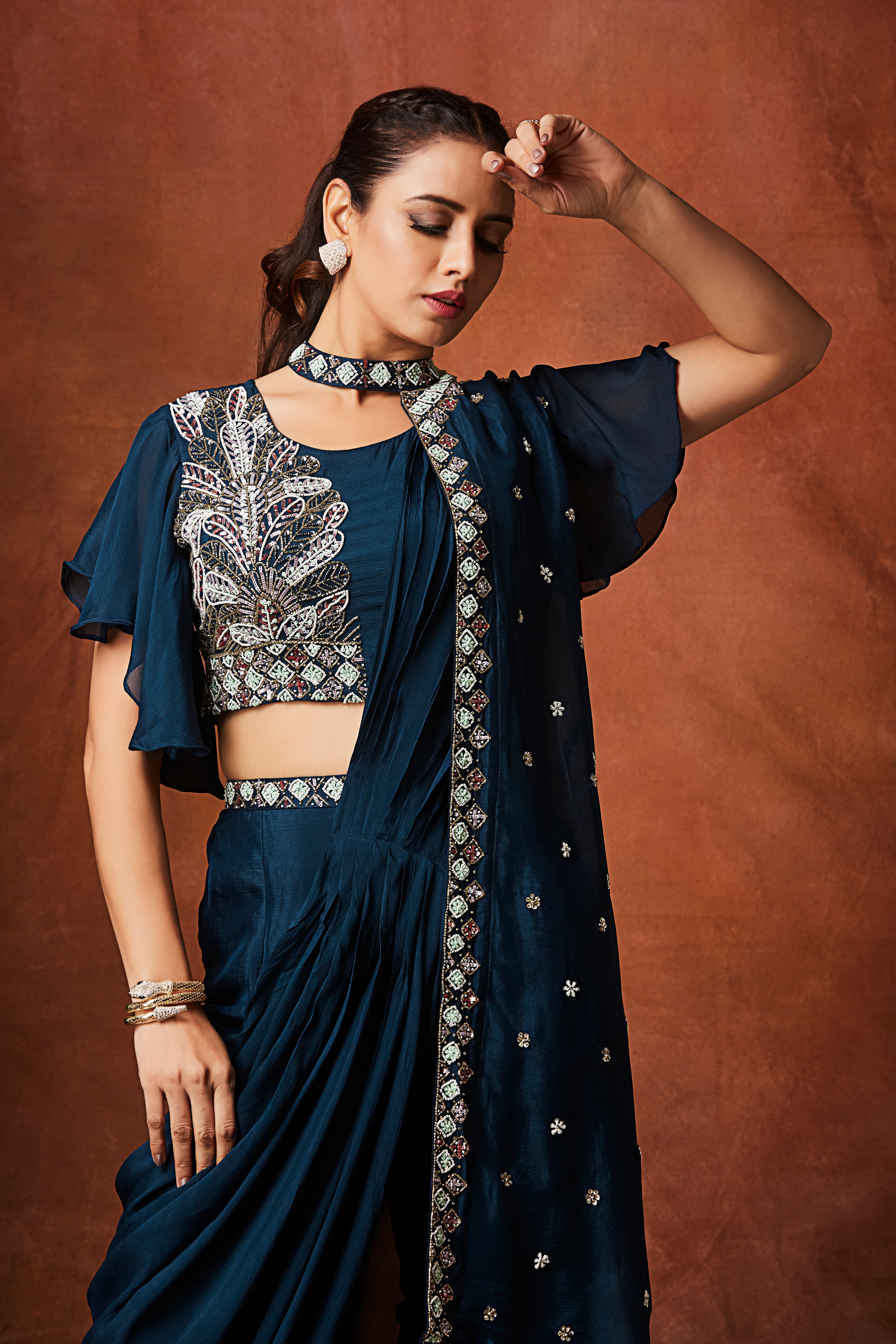 Dark Teal Embellished Chinon Silk Palazzo Set