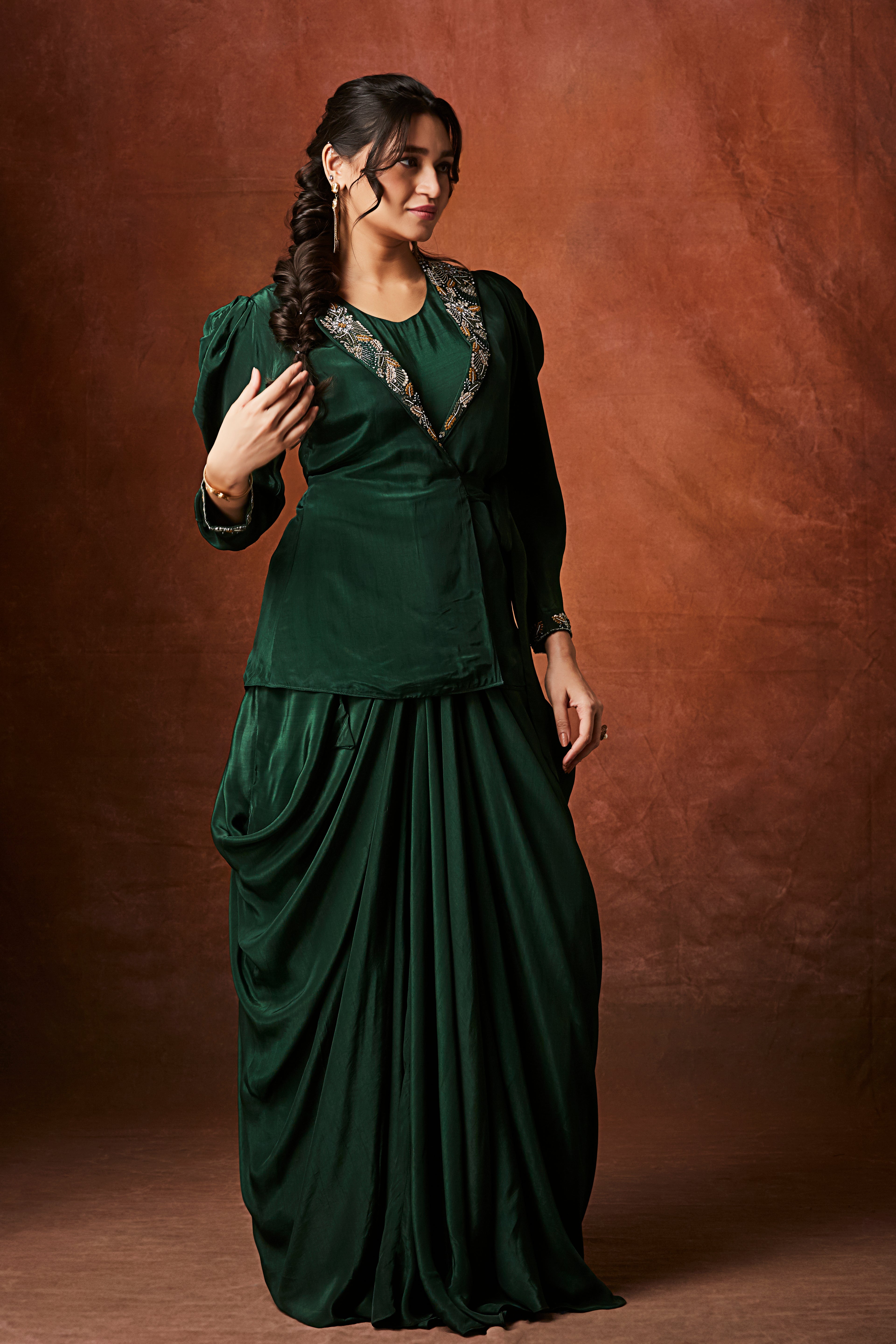 Emerald Green Embellished Crepe Silk Skirt Set