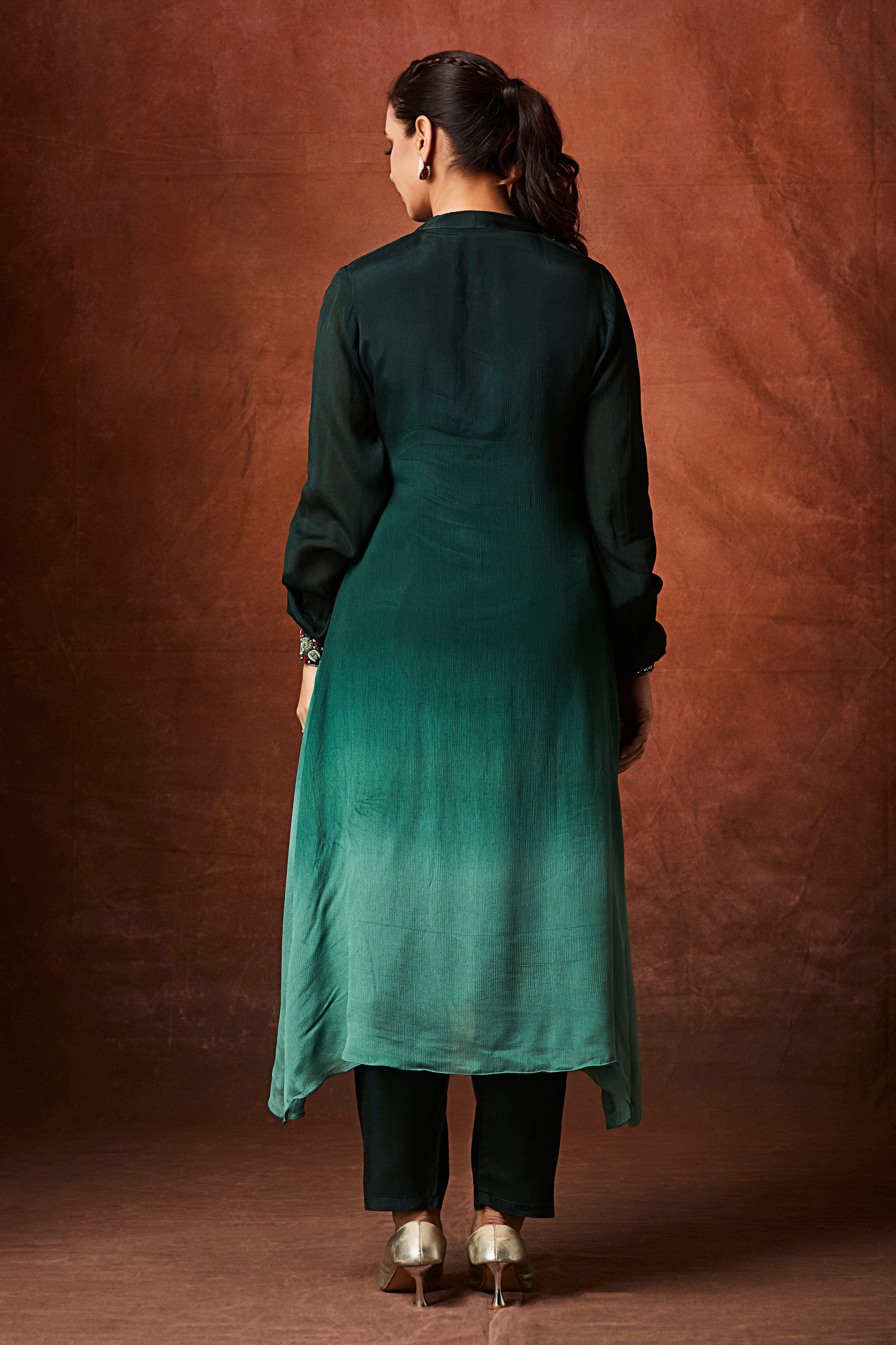 Dark Green to Sea Green Ombre Chinon Silk Kurta Set