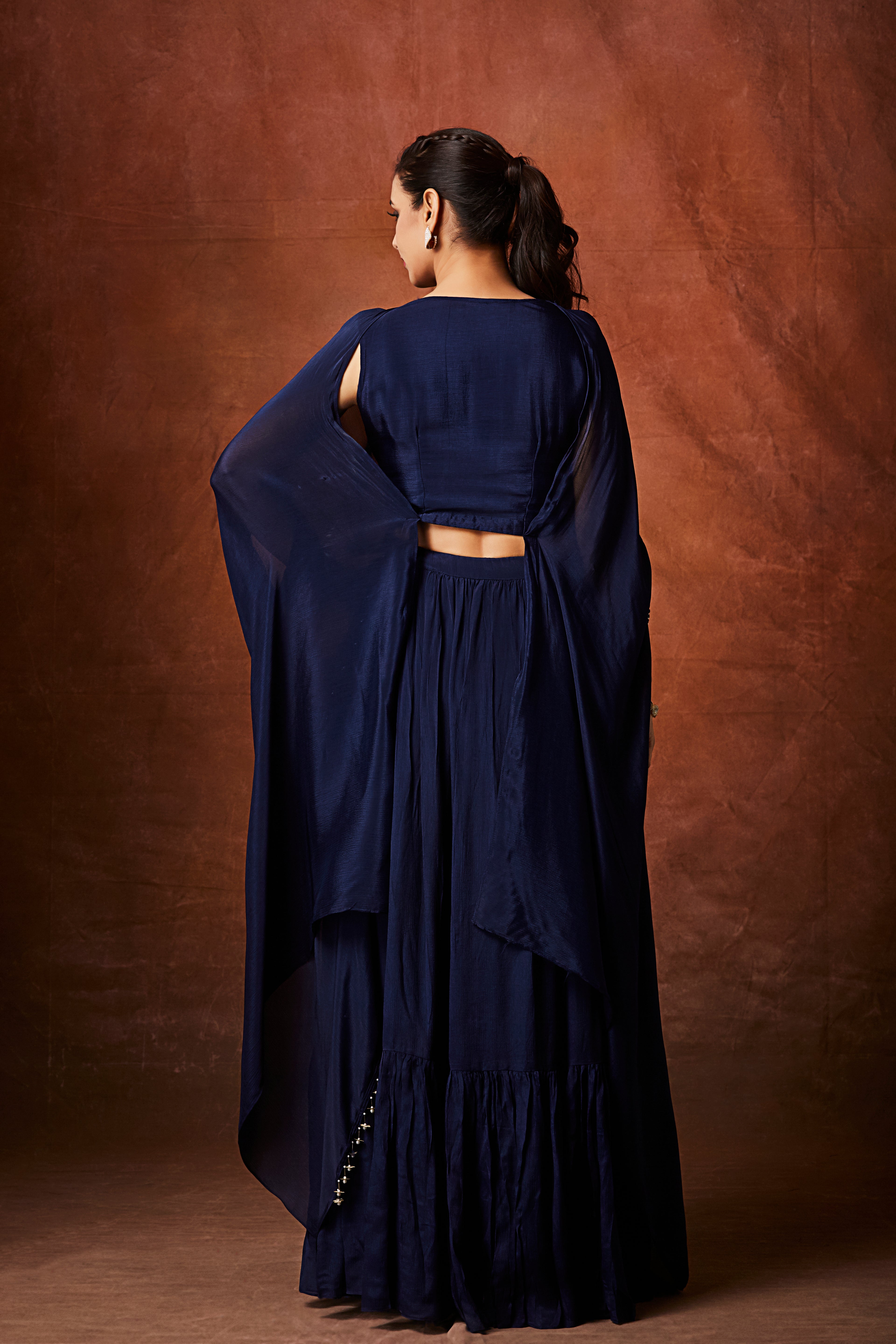 Navy Blue Embellished Chinon Silk Skirt Set