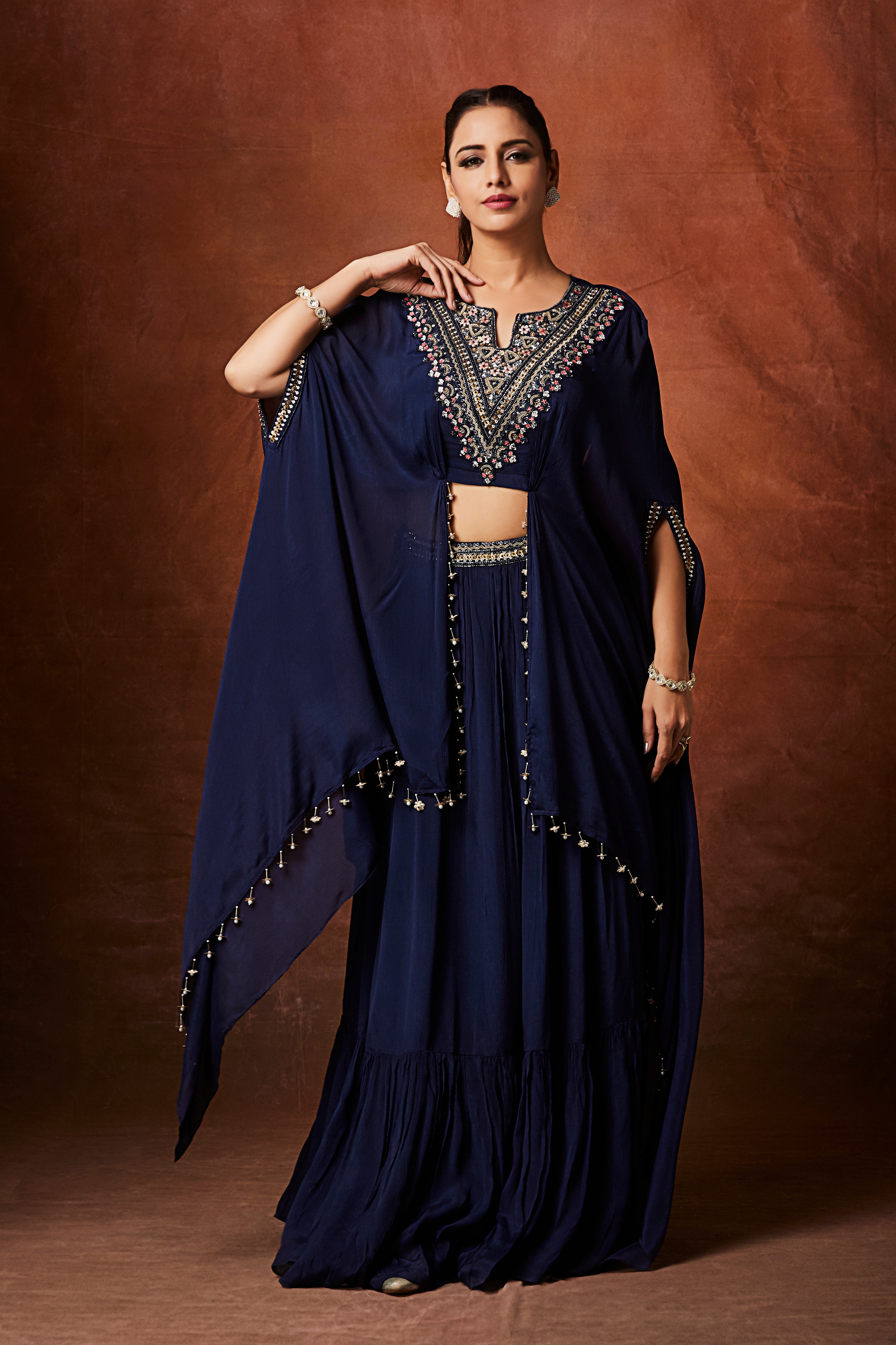Navy Blue Embellished Chinon Silk Skirt Set