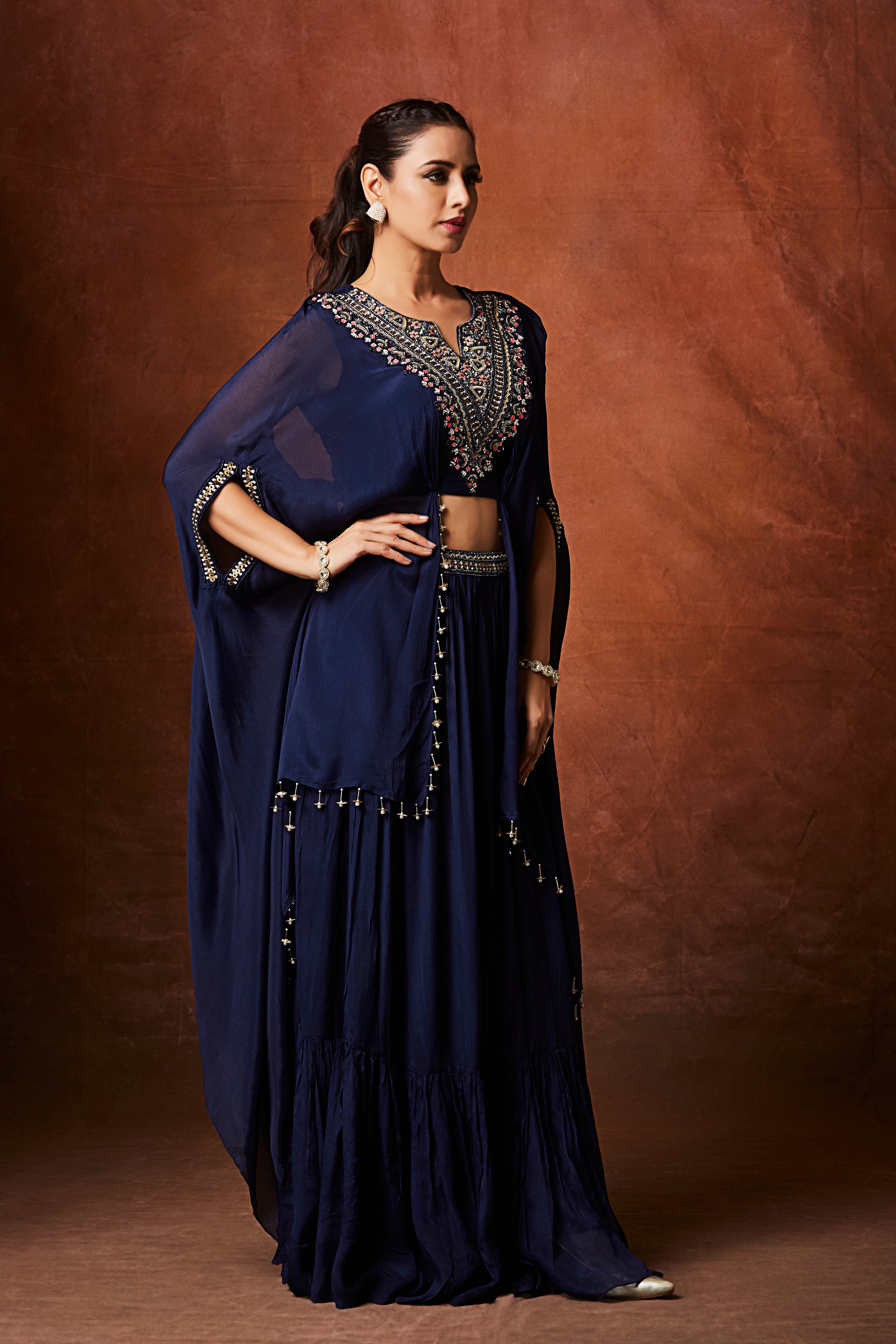 Navy Blue Embellished Chinon Silk Skirt Set