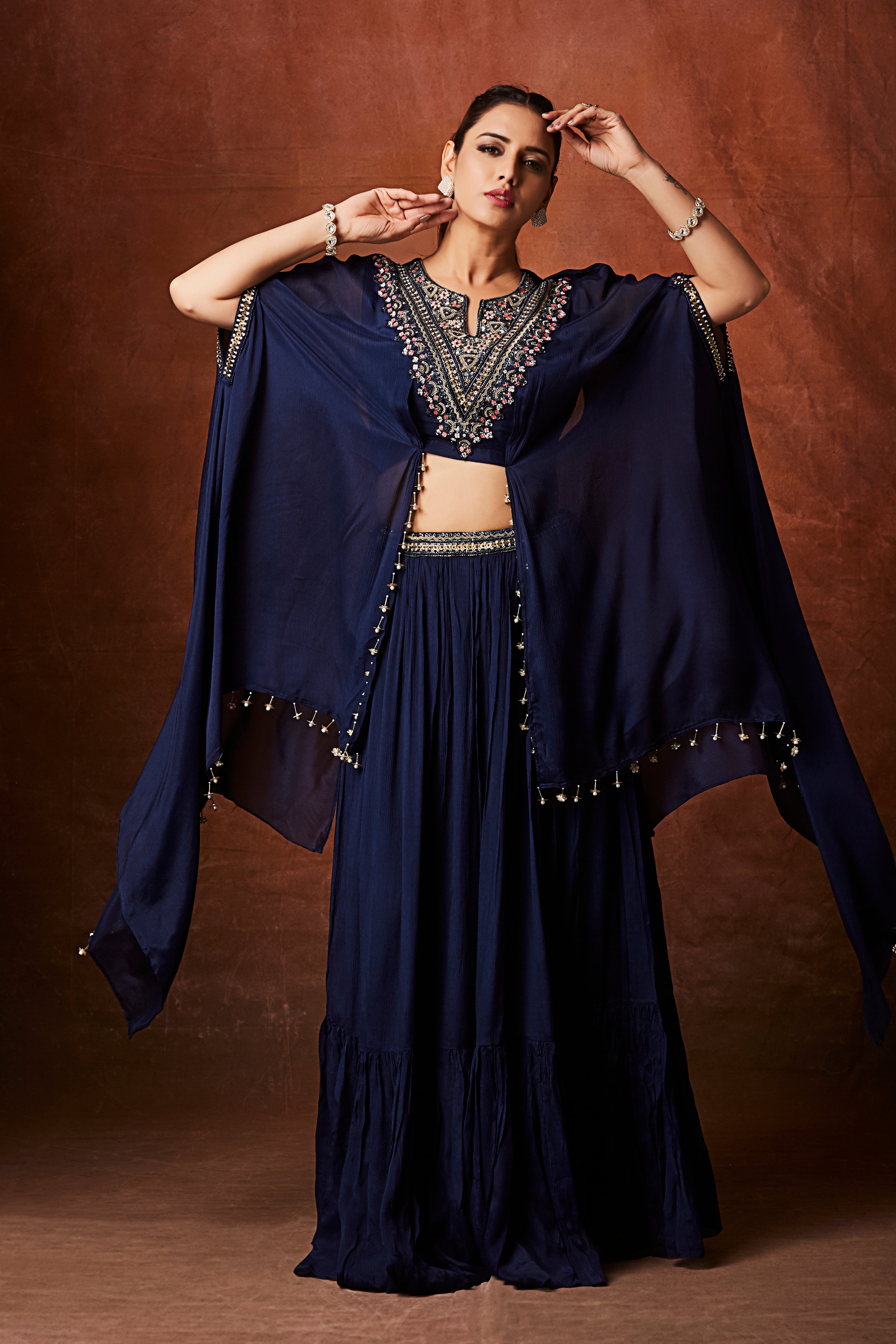 Navy Blue Embellished Chinon Silk Skirt Set