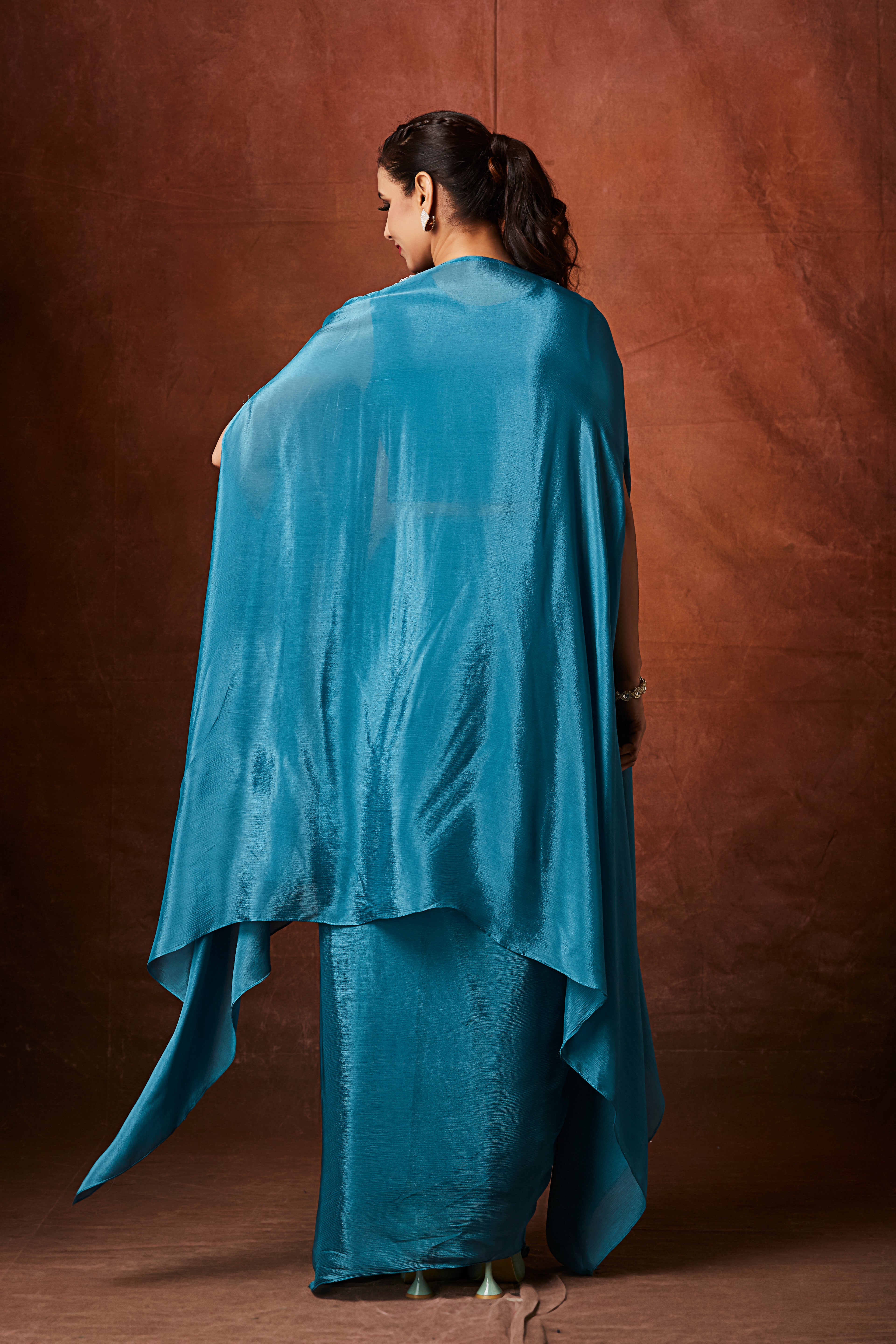 Marine Blue Embellished Chinon Silk Cape Set
