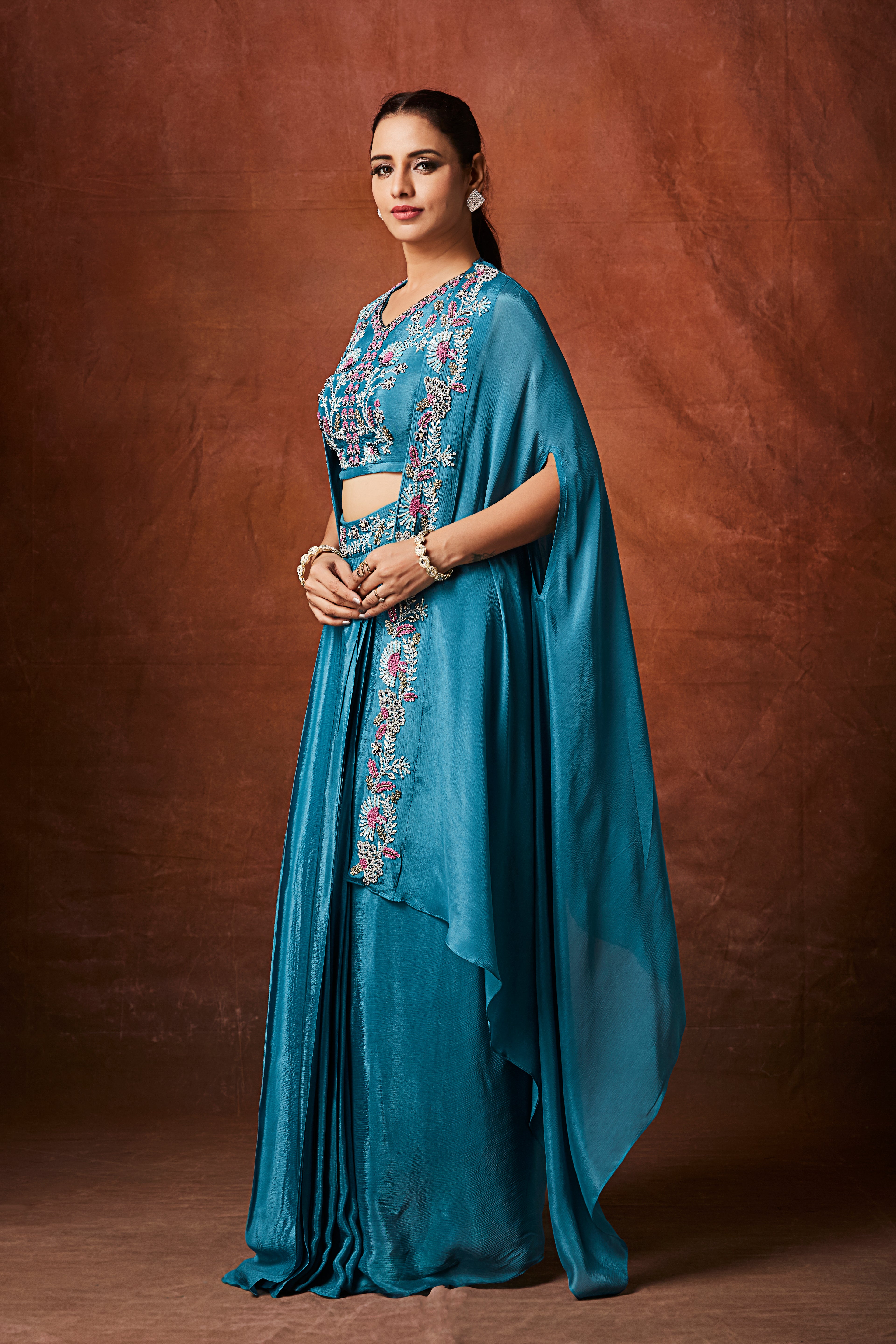 Marine Blue Embellished Chinon Silk Cape Set