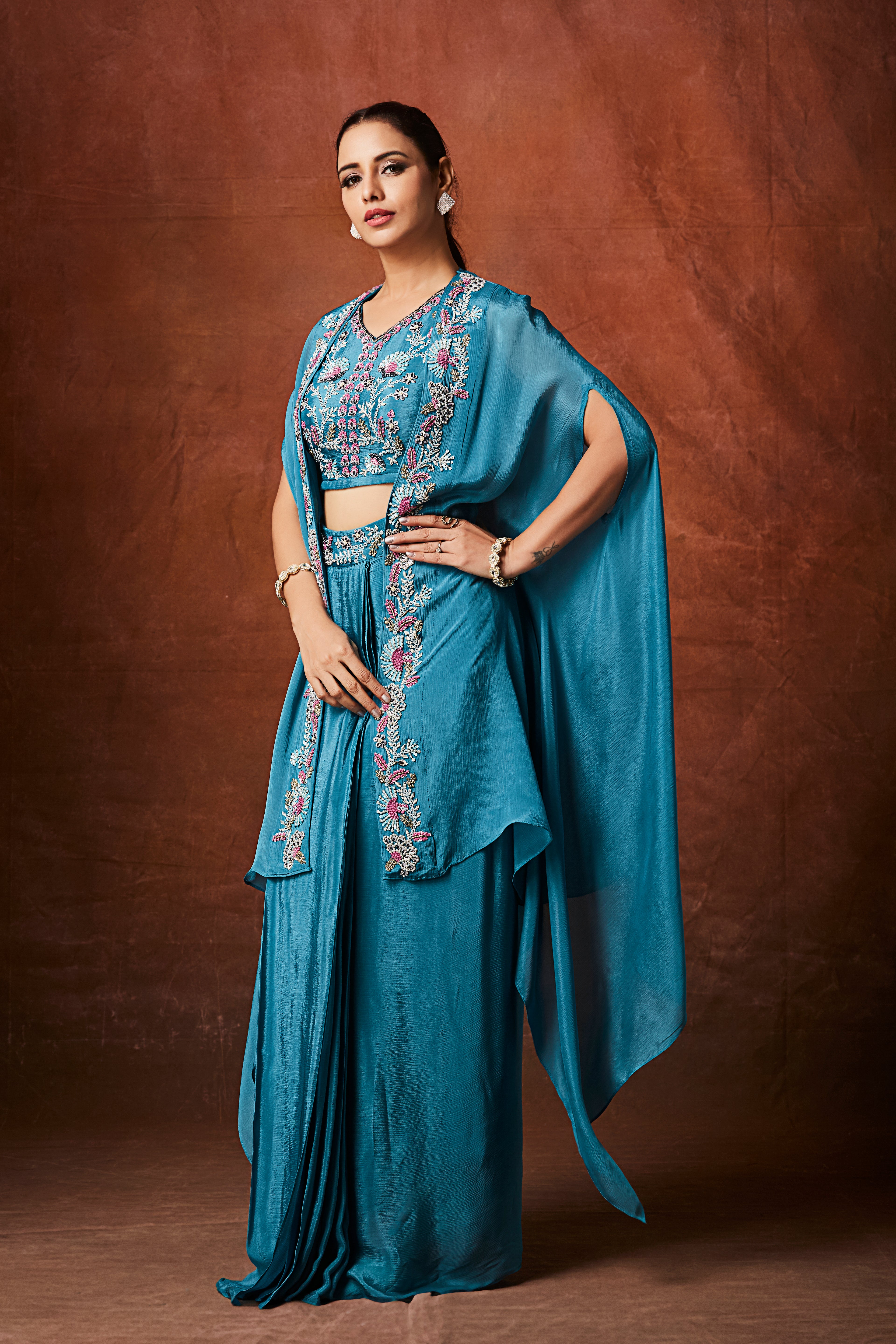 Marine Blue Embellished Chinon Silk Cape Set