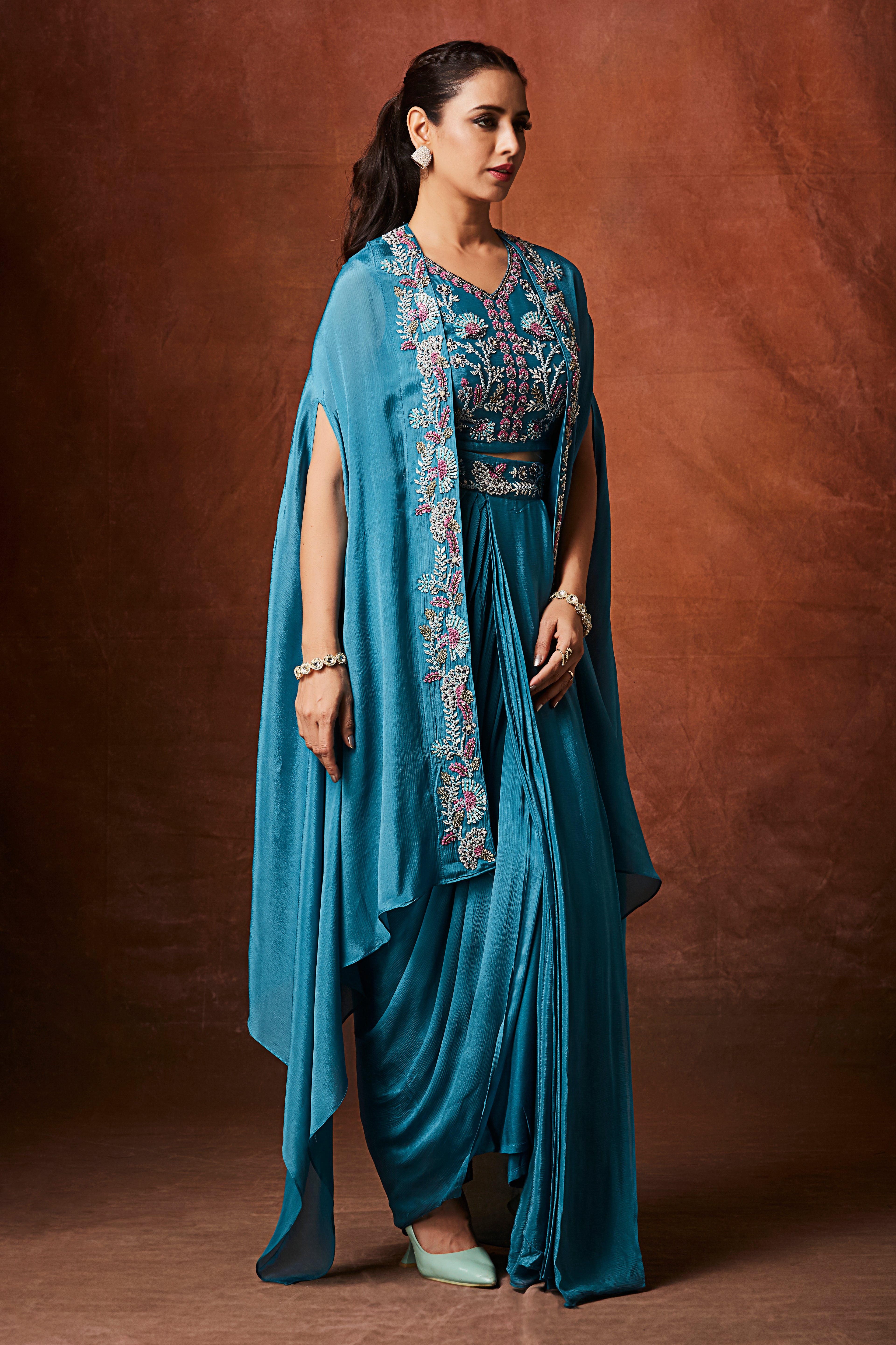 Marine Blue Embellished Chinon Silk Cape Set