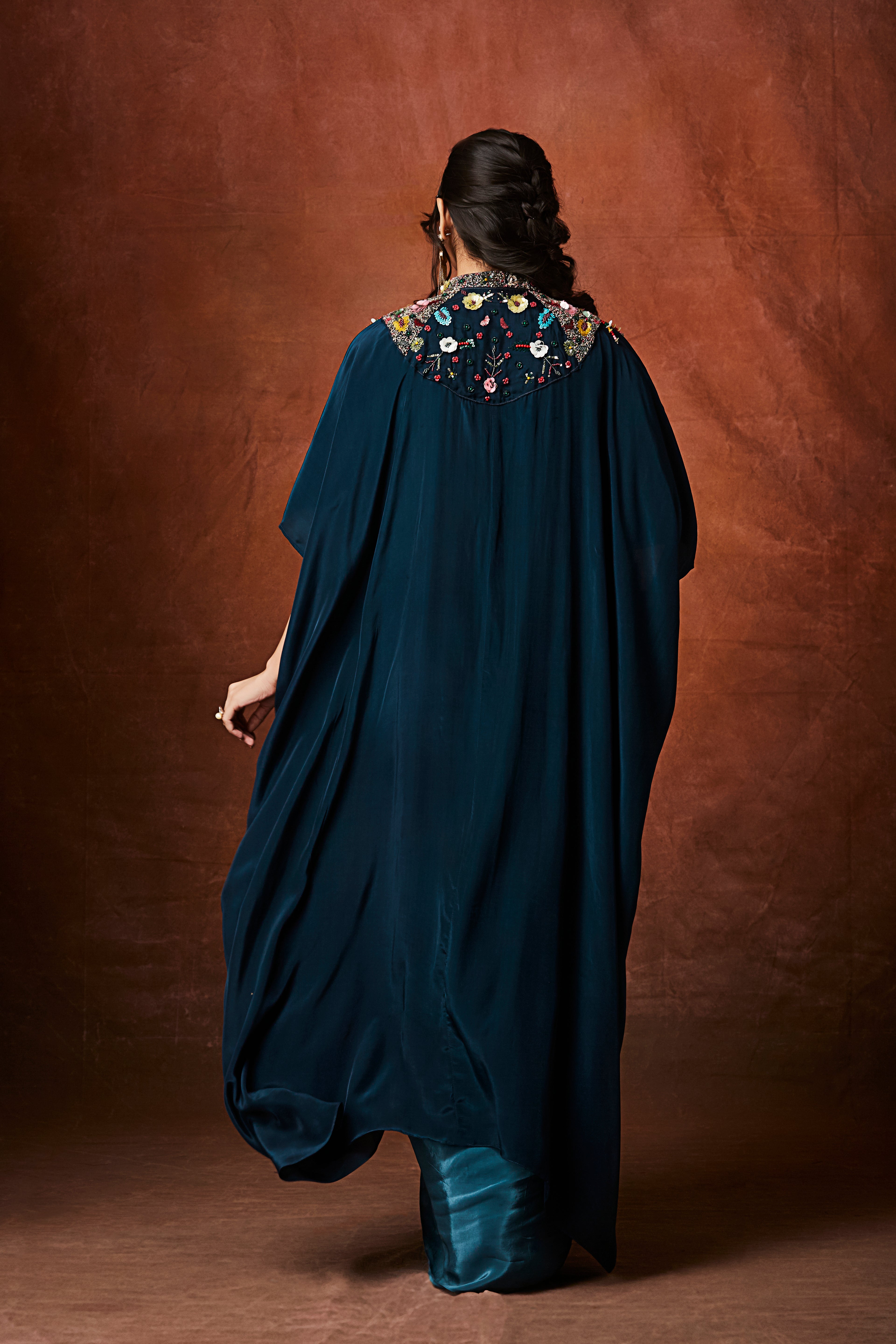 Deep Aqua Teal Embellished Crepe Silk Skirt Set